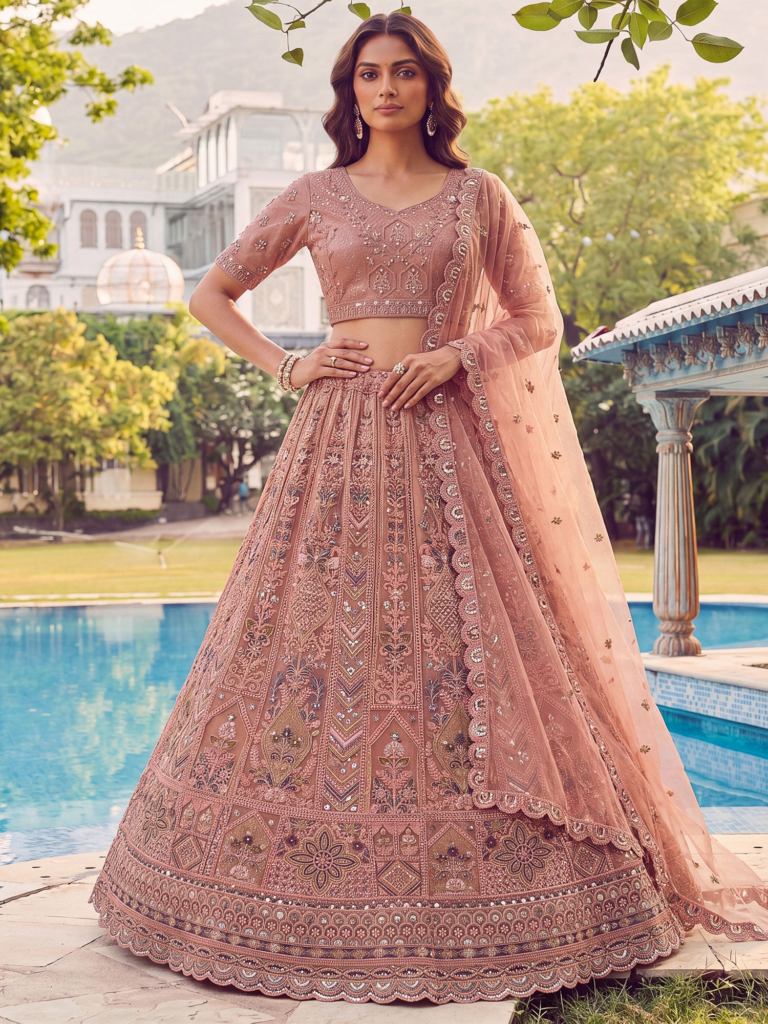 Pink Net Lehenga Set In Thread Embroidery