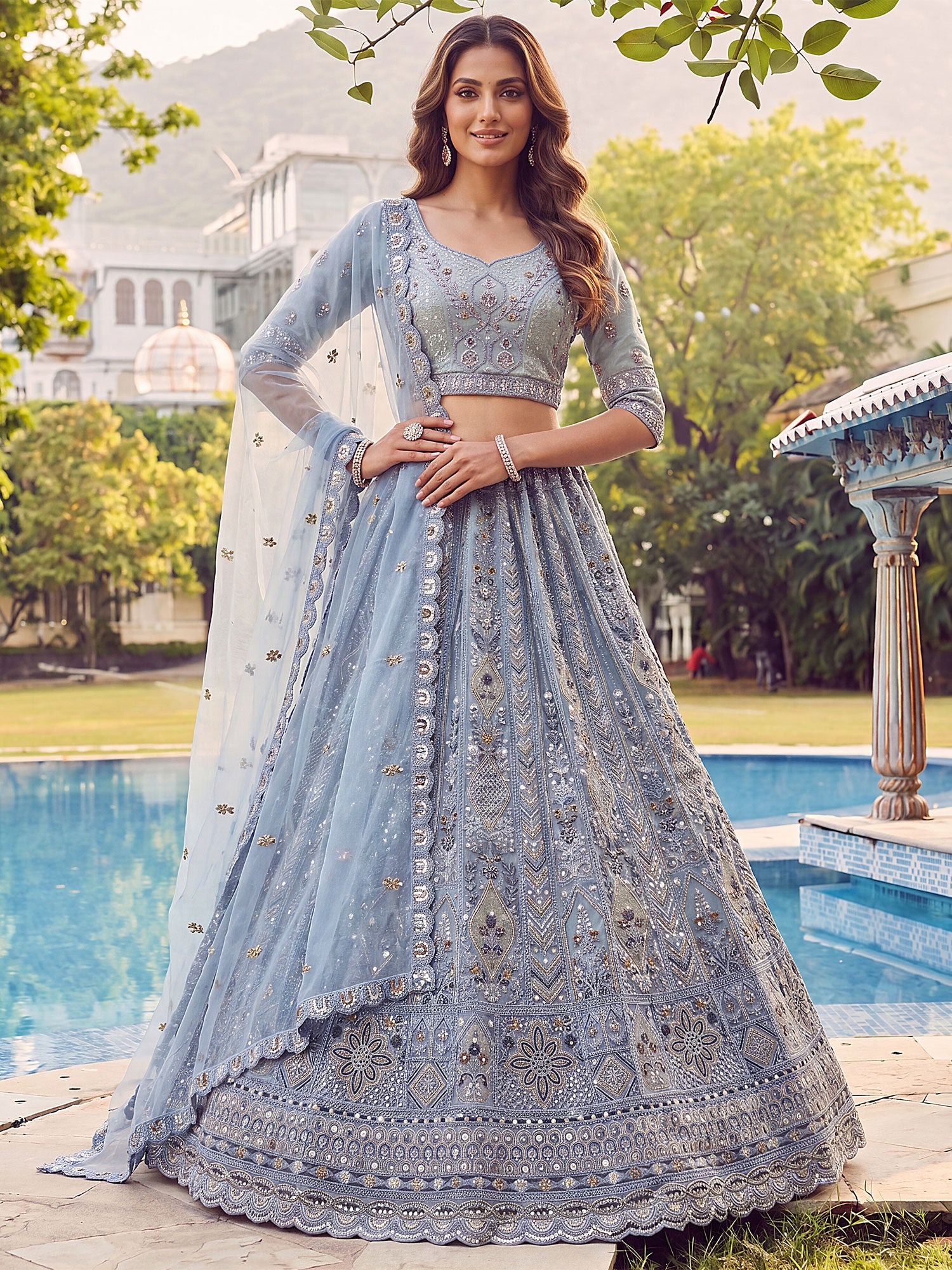 Blue Floral Thread Work Embellished Lehenga Set