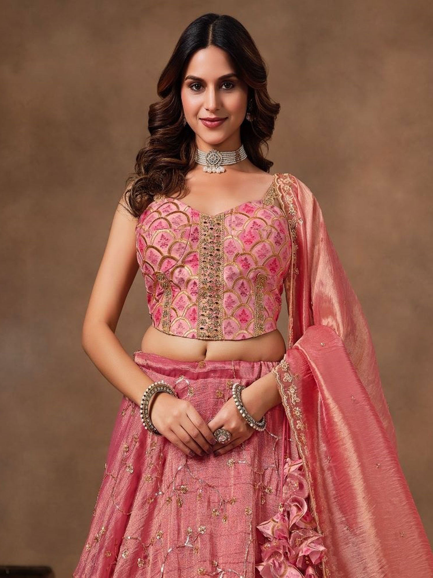 Pink Embroidered Wedding Lehenga Set In Silk
