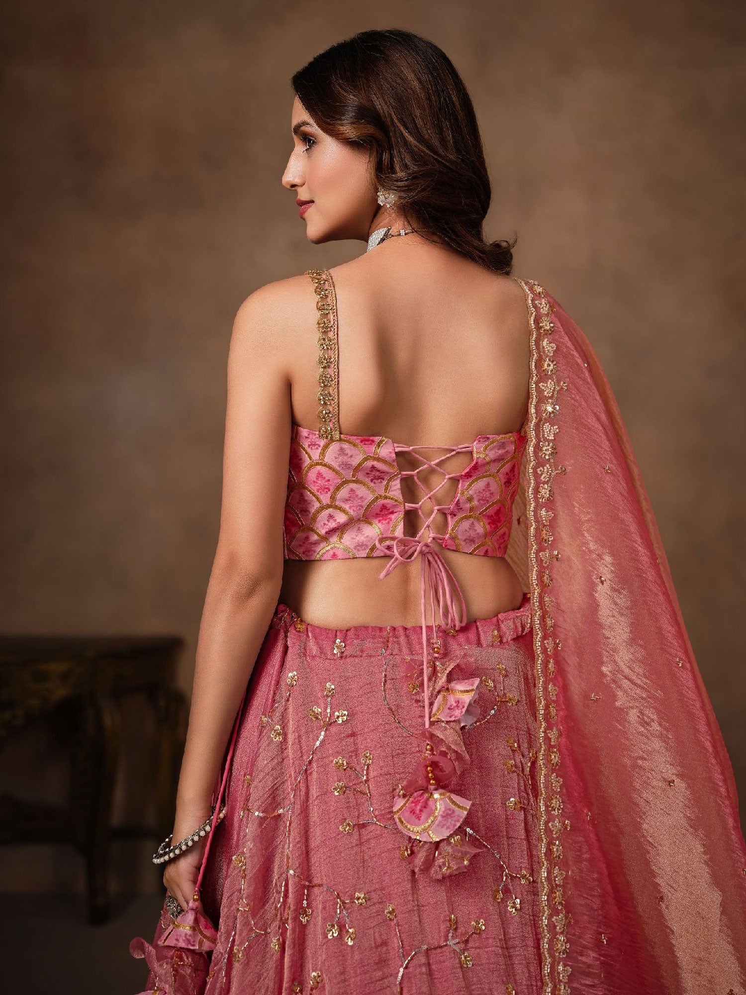 Pink Embroidered Wedding Lehenga Set In Silk