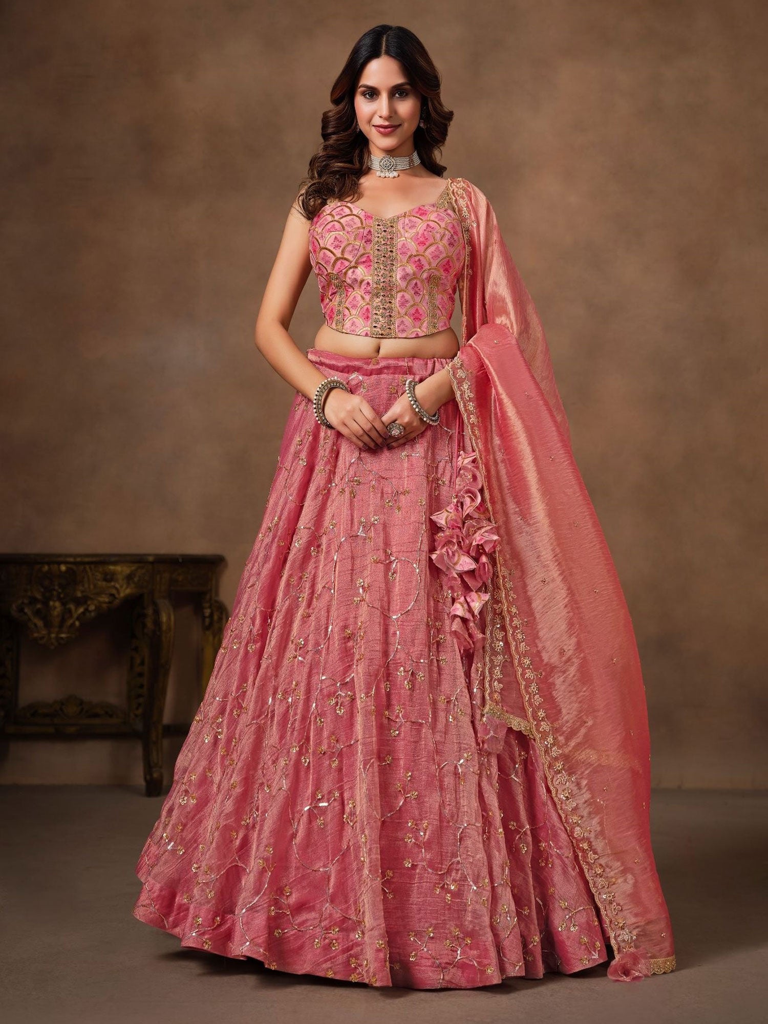 Pink Embroidered Wedding Lehenga Set In Silk