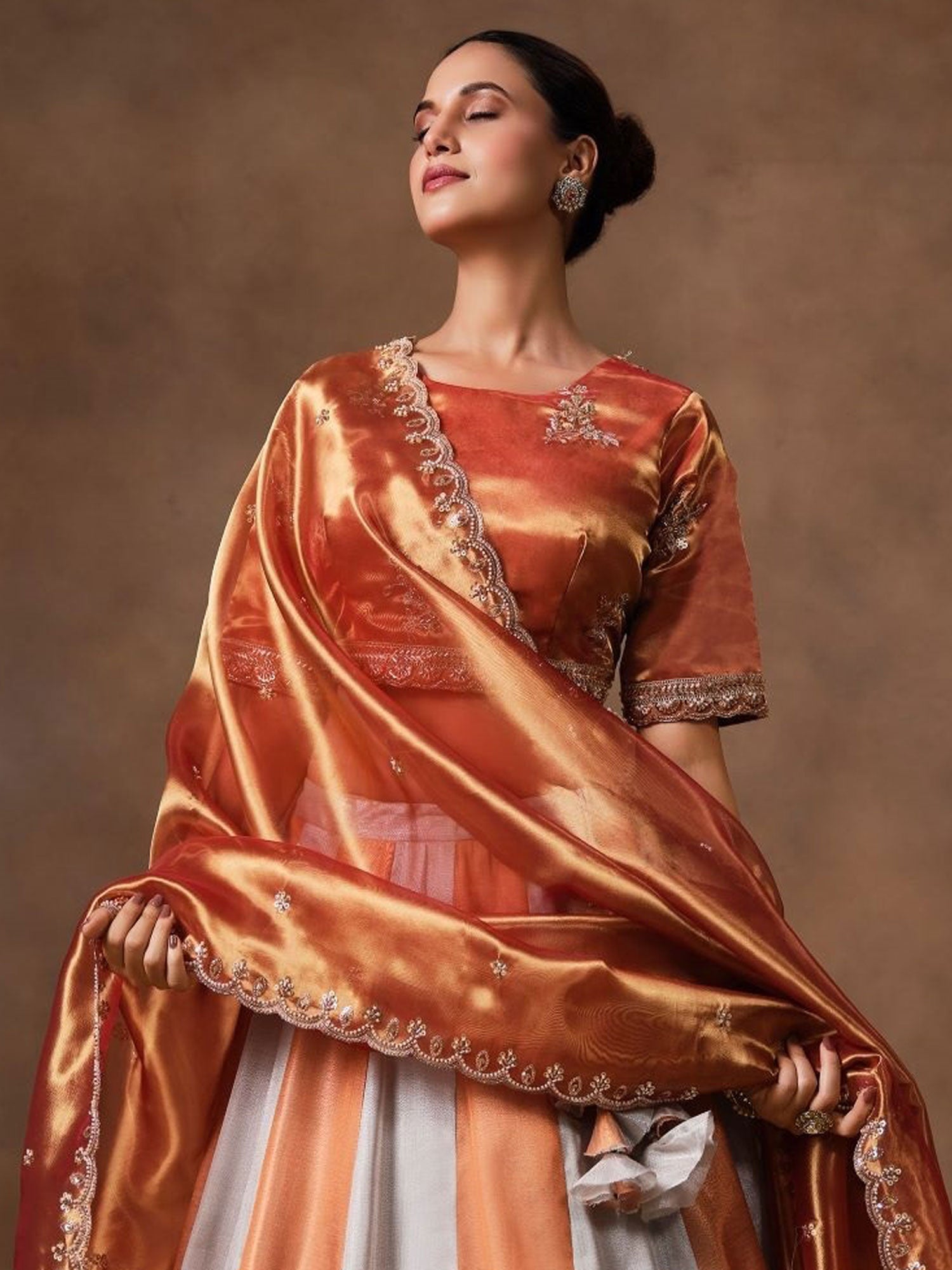 Orange And Grey Tissue Silk Lehenga Choli