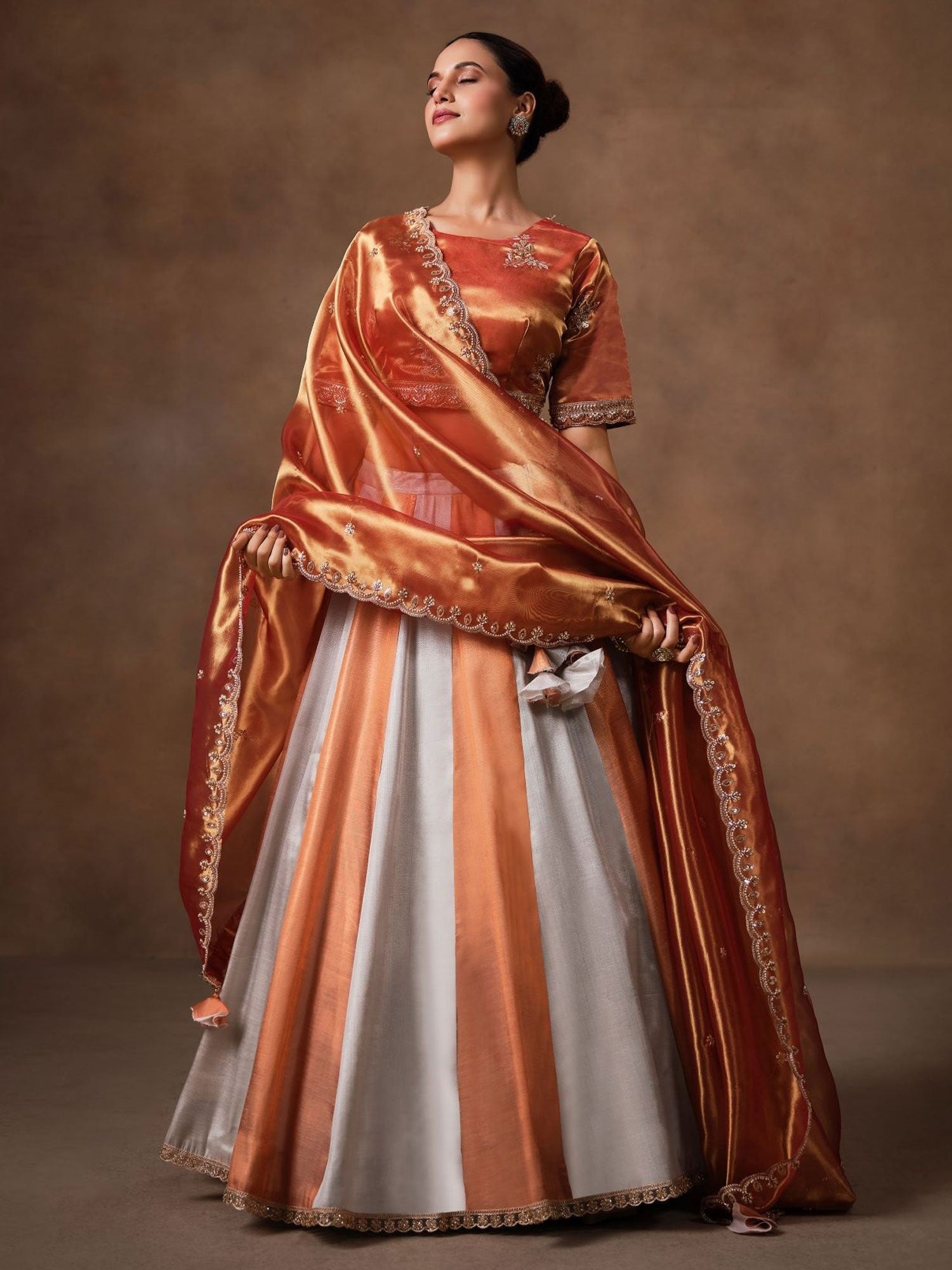 Orange And Grey Tissue Silk Lehenga Choli