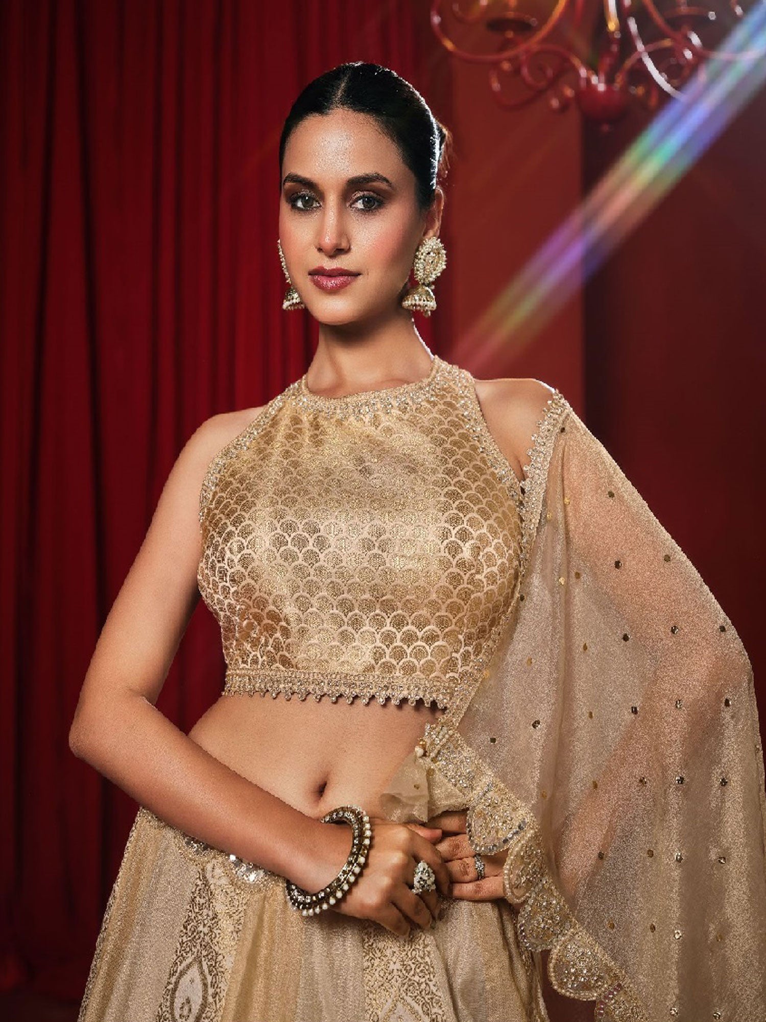 Golden Mirror Embellished Lehenga Set With Dupatta