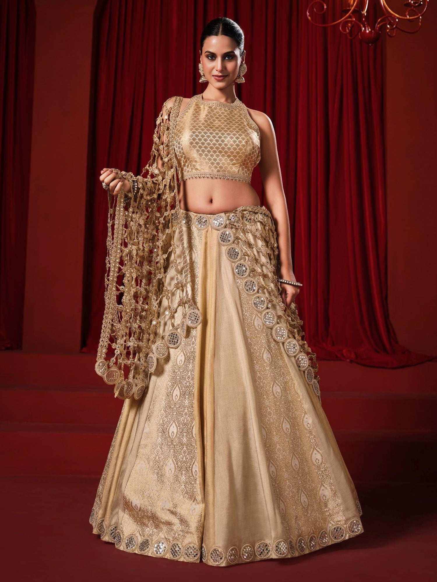 Golden Mirror Embellished Lehenga Set With Dupatta