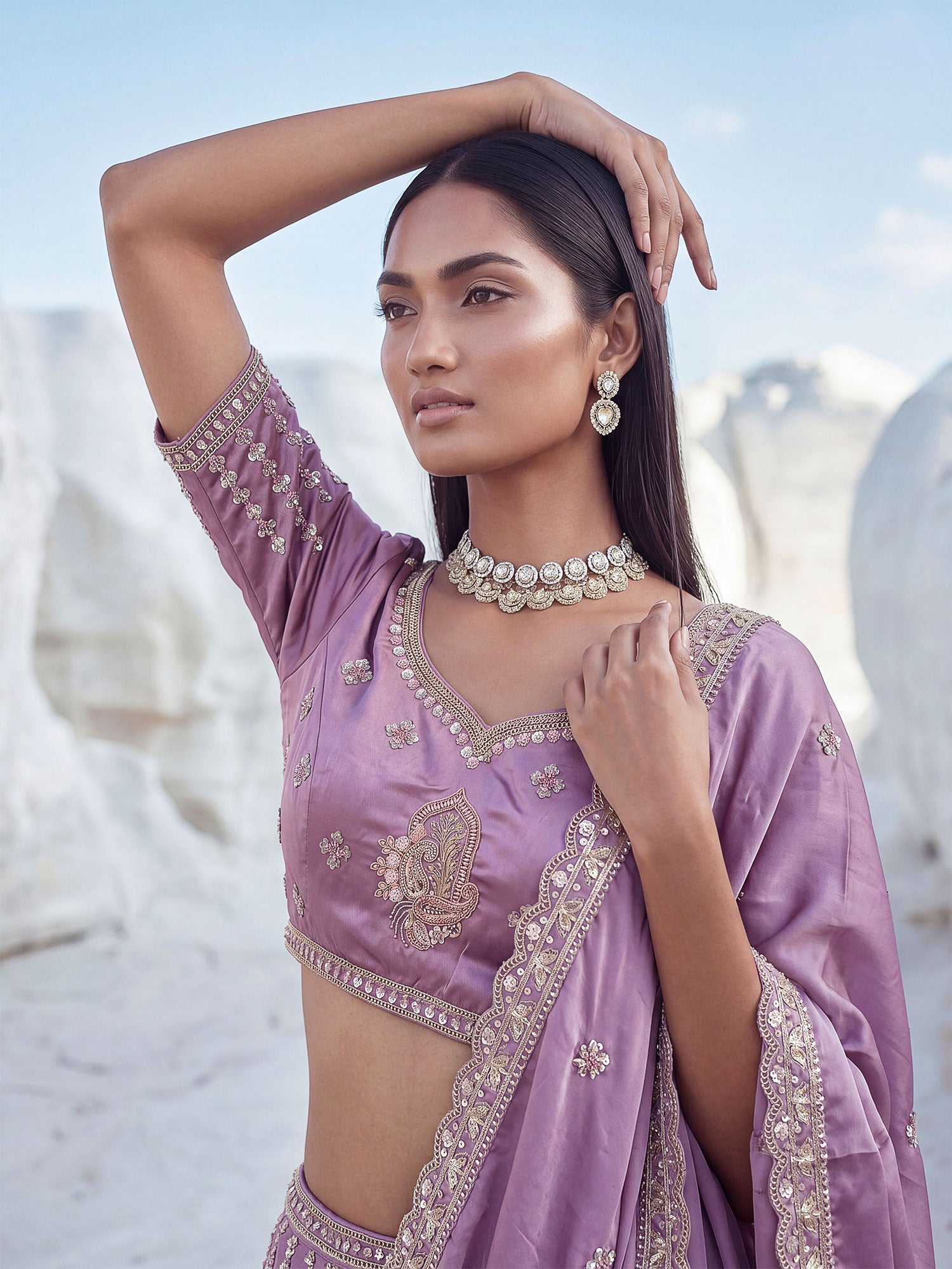 Lilac Stone Work Bridesmaid Lehenga Set In Silk