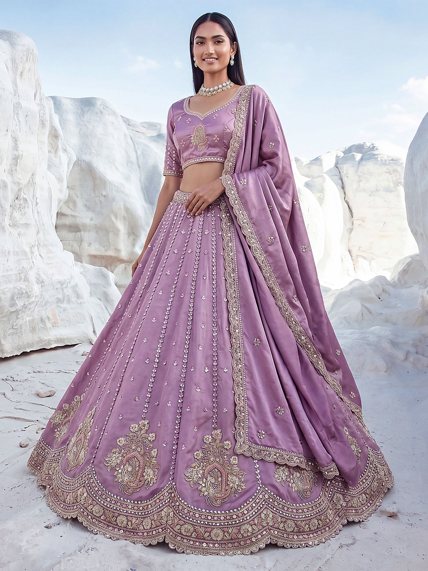 Lilac Stone Work Bridesmaid Lehenga Set In Silk