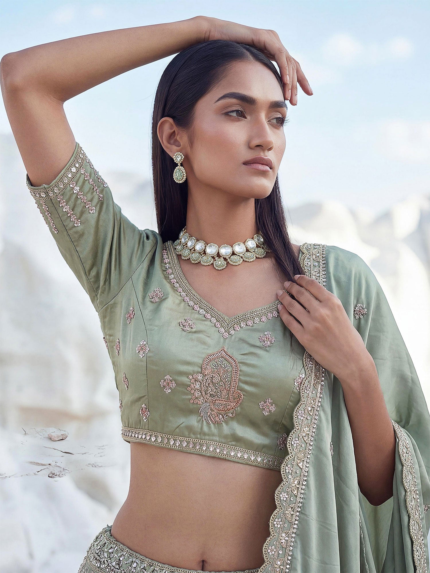 Green Silk Lehenga Set With Thread Embellishment