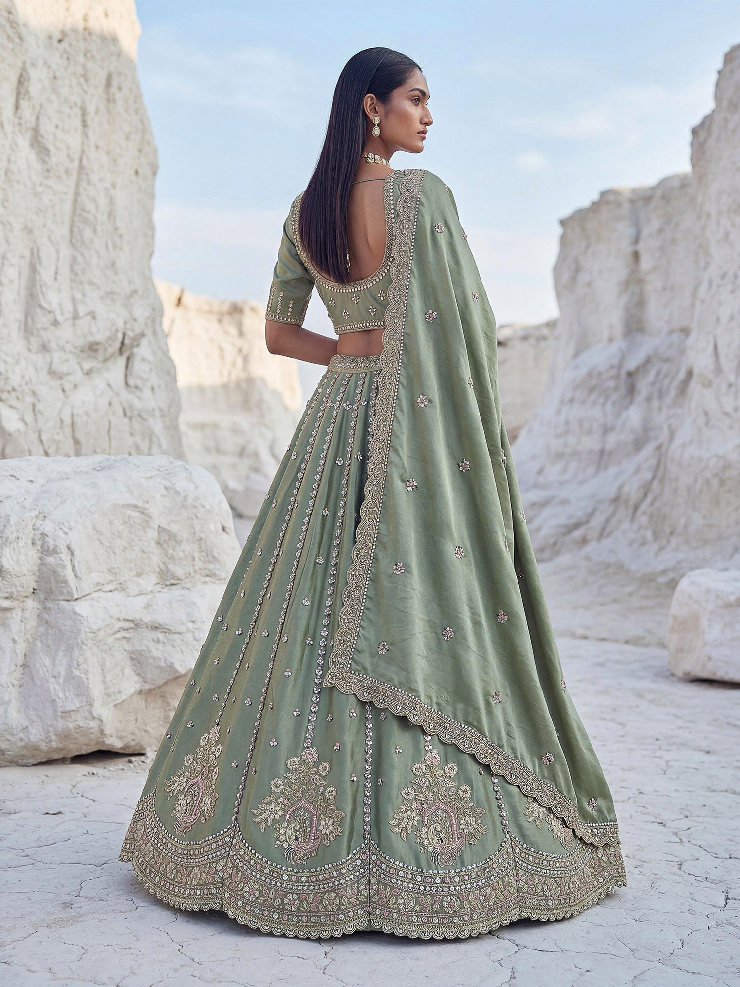 Green Silk Lehenga Set With Thread Embellishment