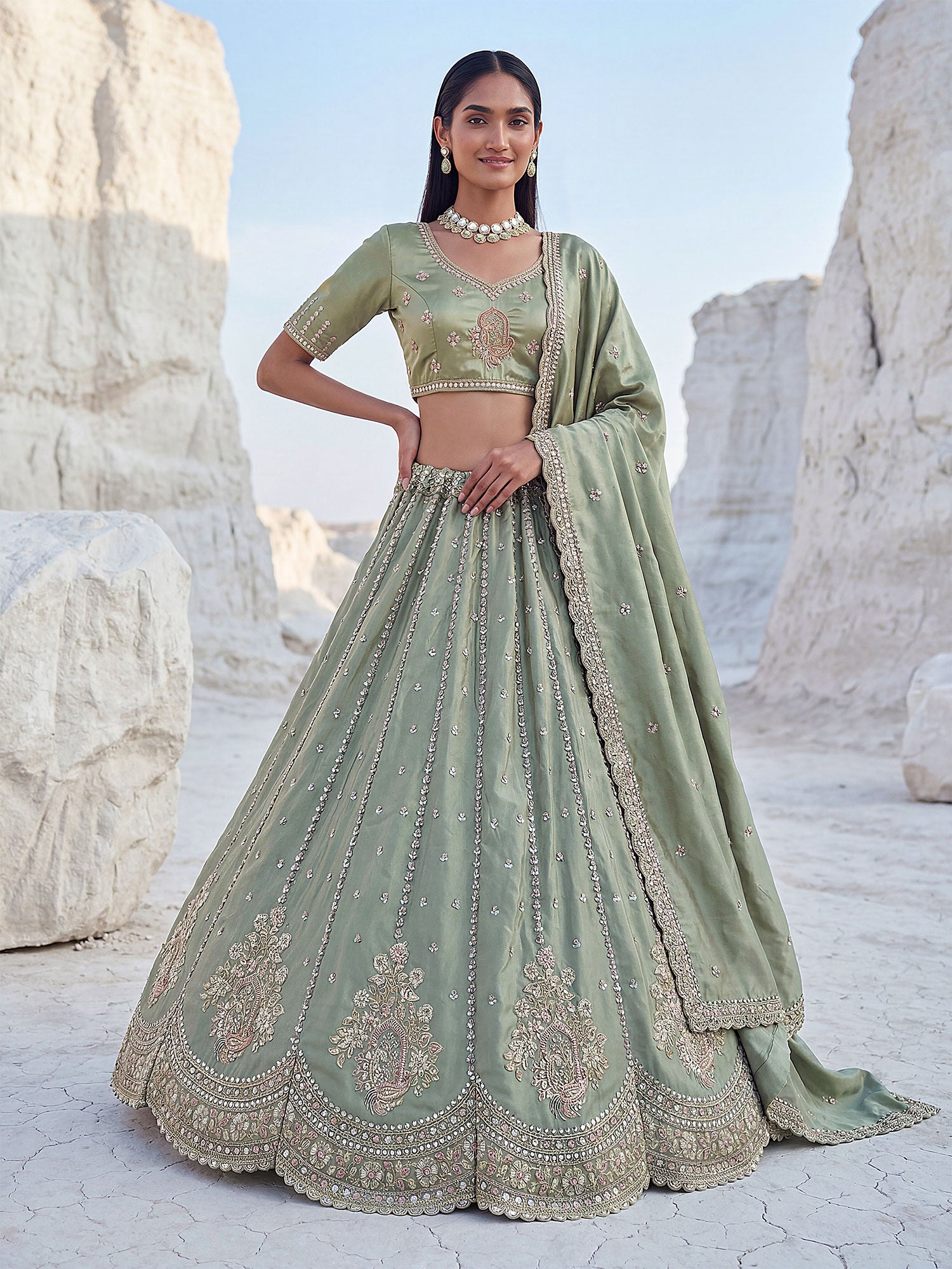 Green Silk Lehenga Set With Thread Embellishment