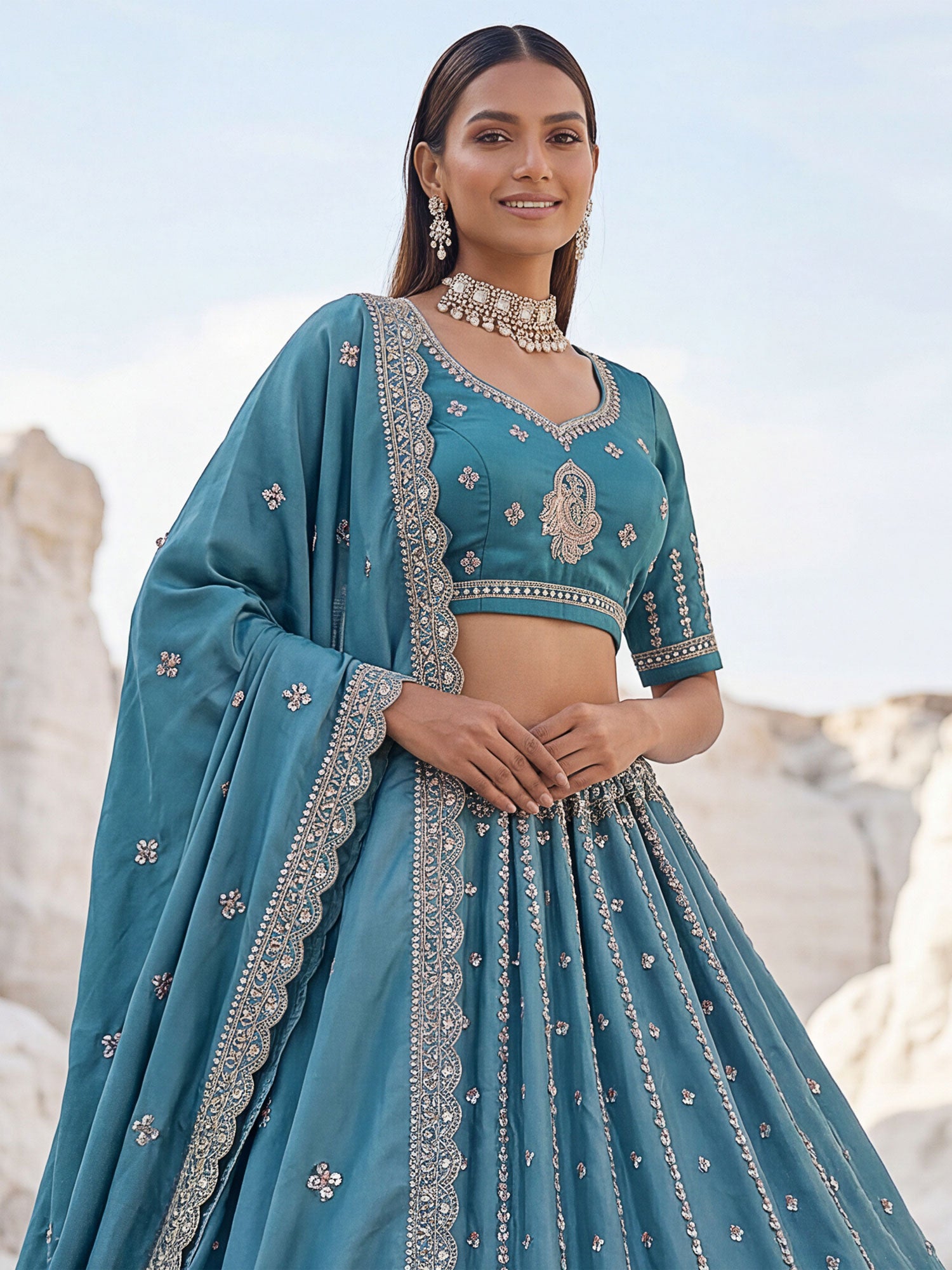 Blue Heavy Floral Zari Work Silk Lehenga Set