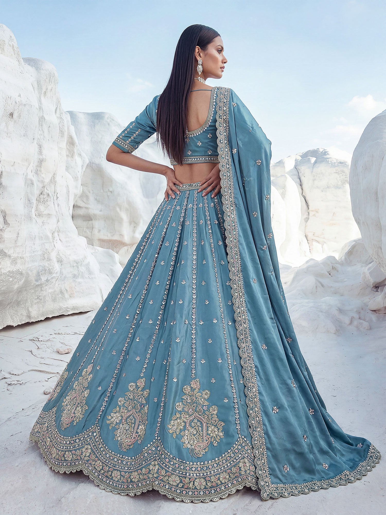 Blue Heavy Floral Zari Work Silk Lehenga Set