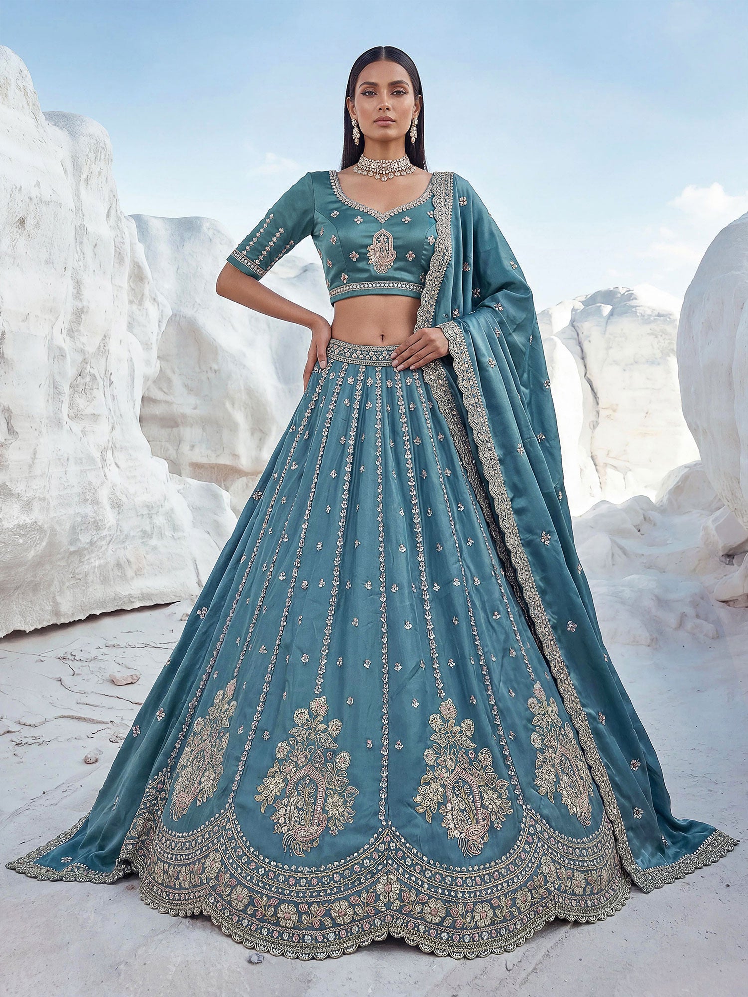 Blue Heavy Floral Zari Work Silk Lehenga Set