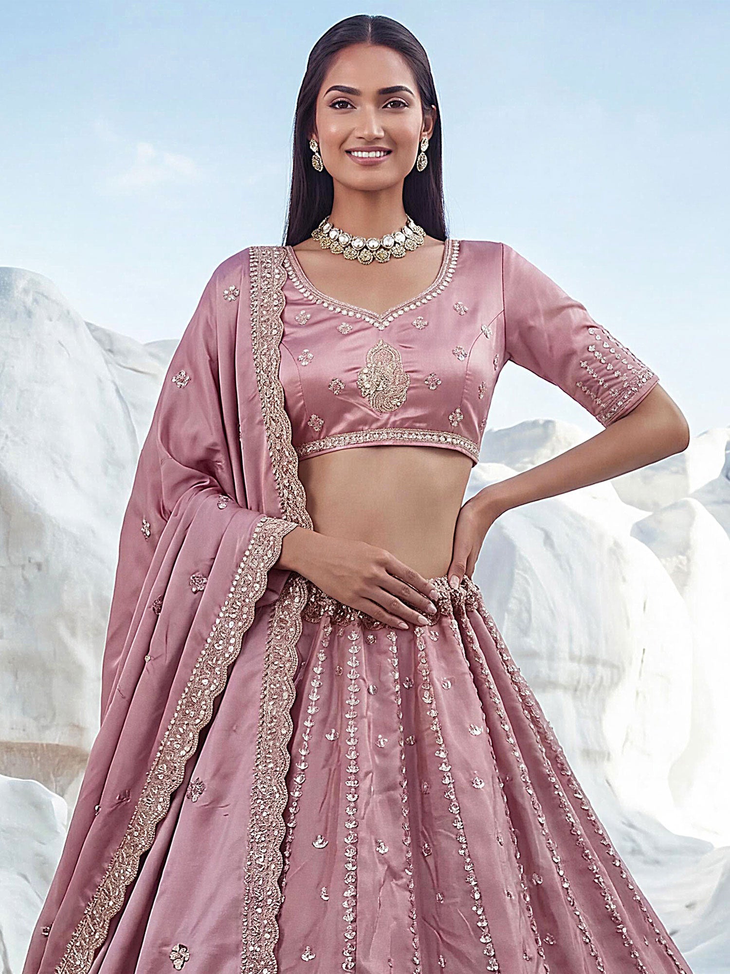 Dusty Pink Party Wear Lehenga Choli In Silk