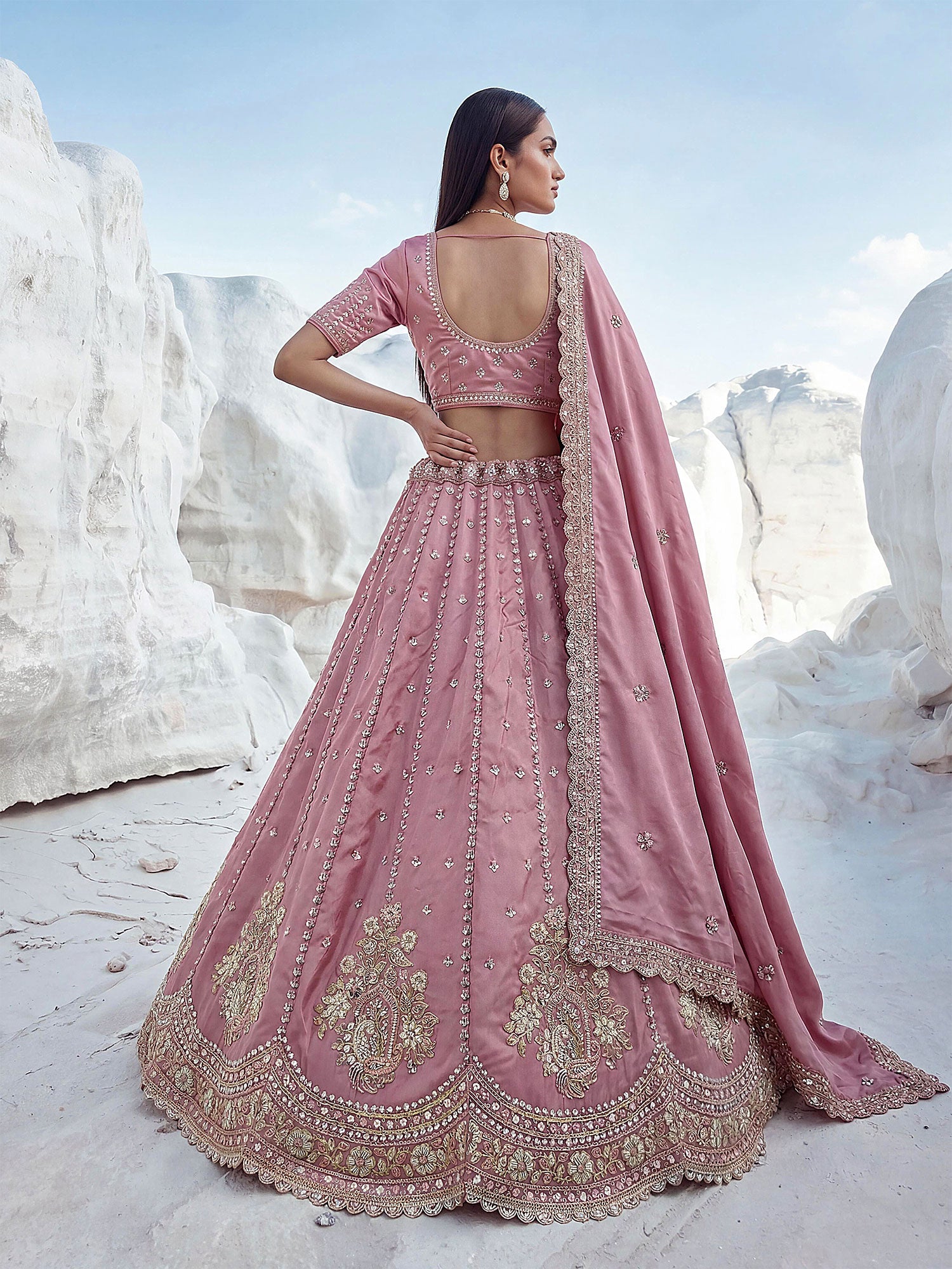 Dusty Pink Party Wear Lehenga Choli In Silk