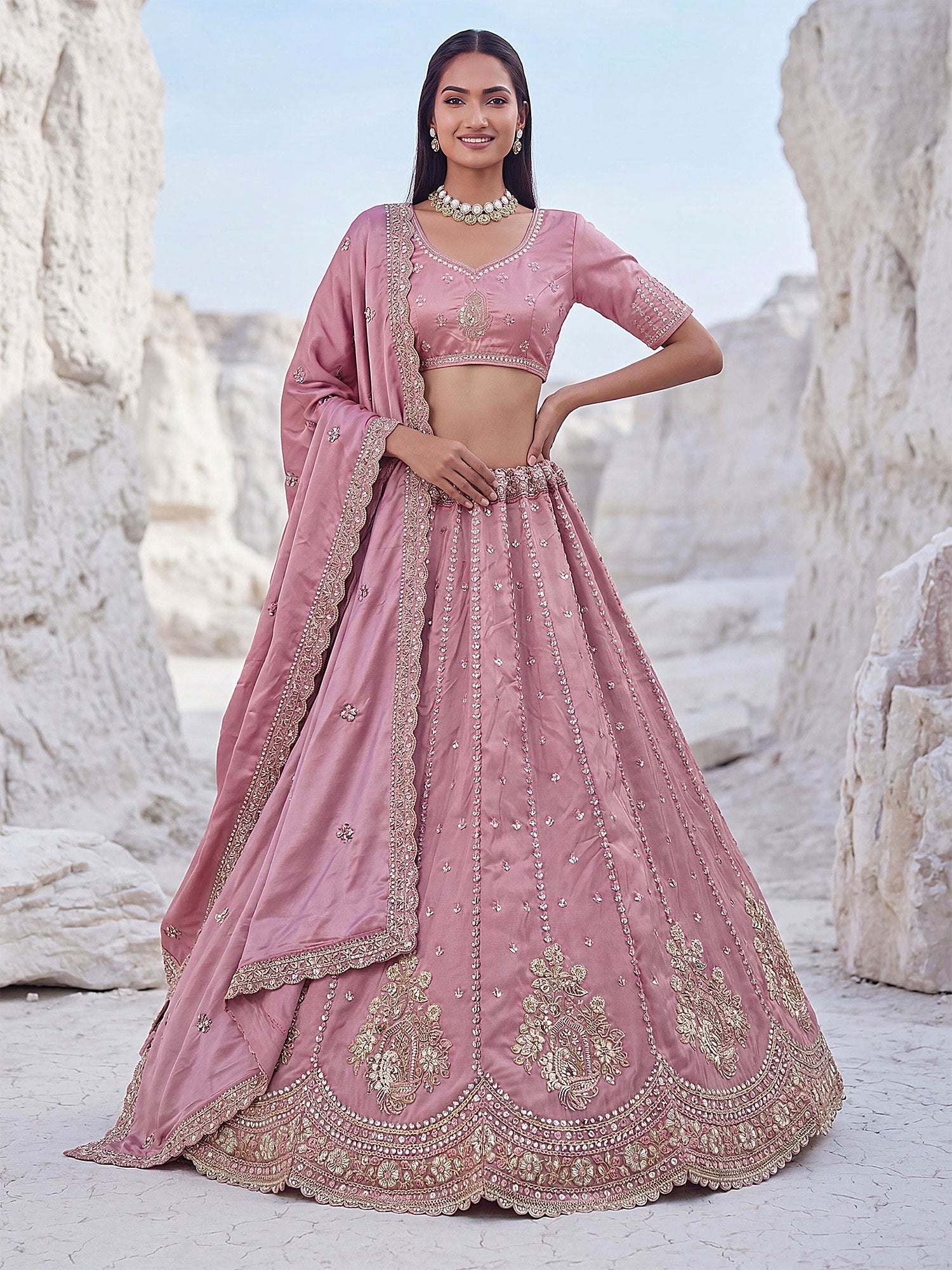 Dusty Pink Party Wear Lehenga Choli In Silk
