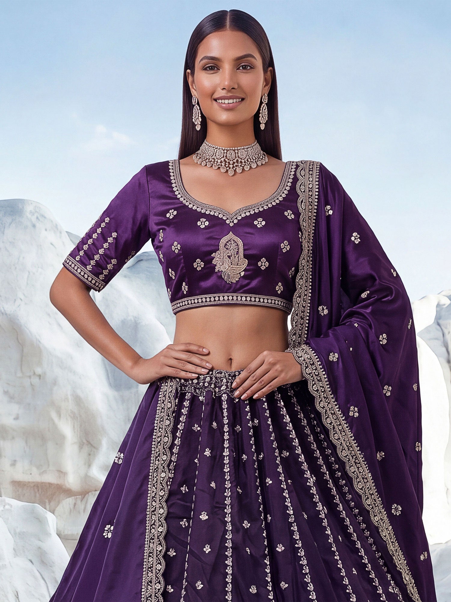 Purple Floral Work Wedding Lehenga With Dupatta