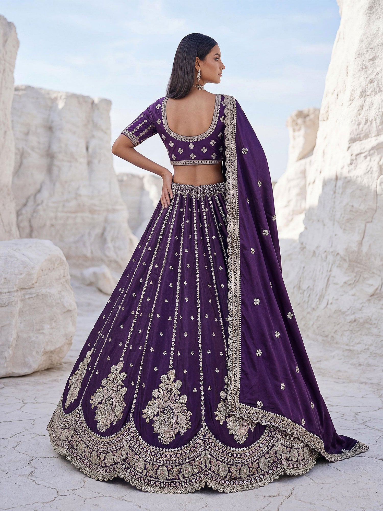 Purple Floral Work Wedding Lehenga With Dupatta