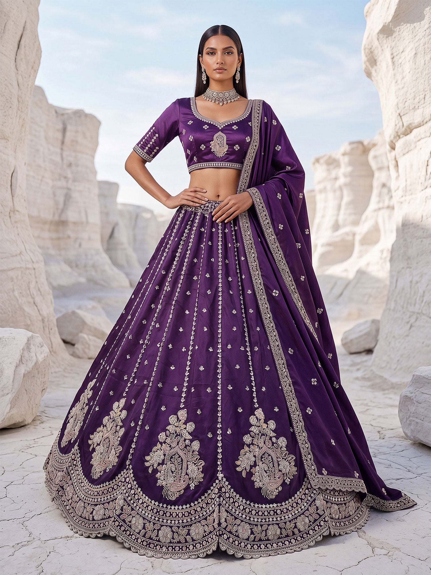 Purple Floral Work Wedding Lehenga With Dupatta