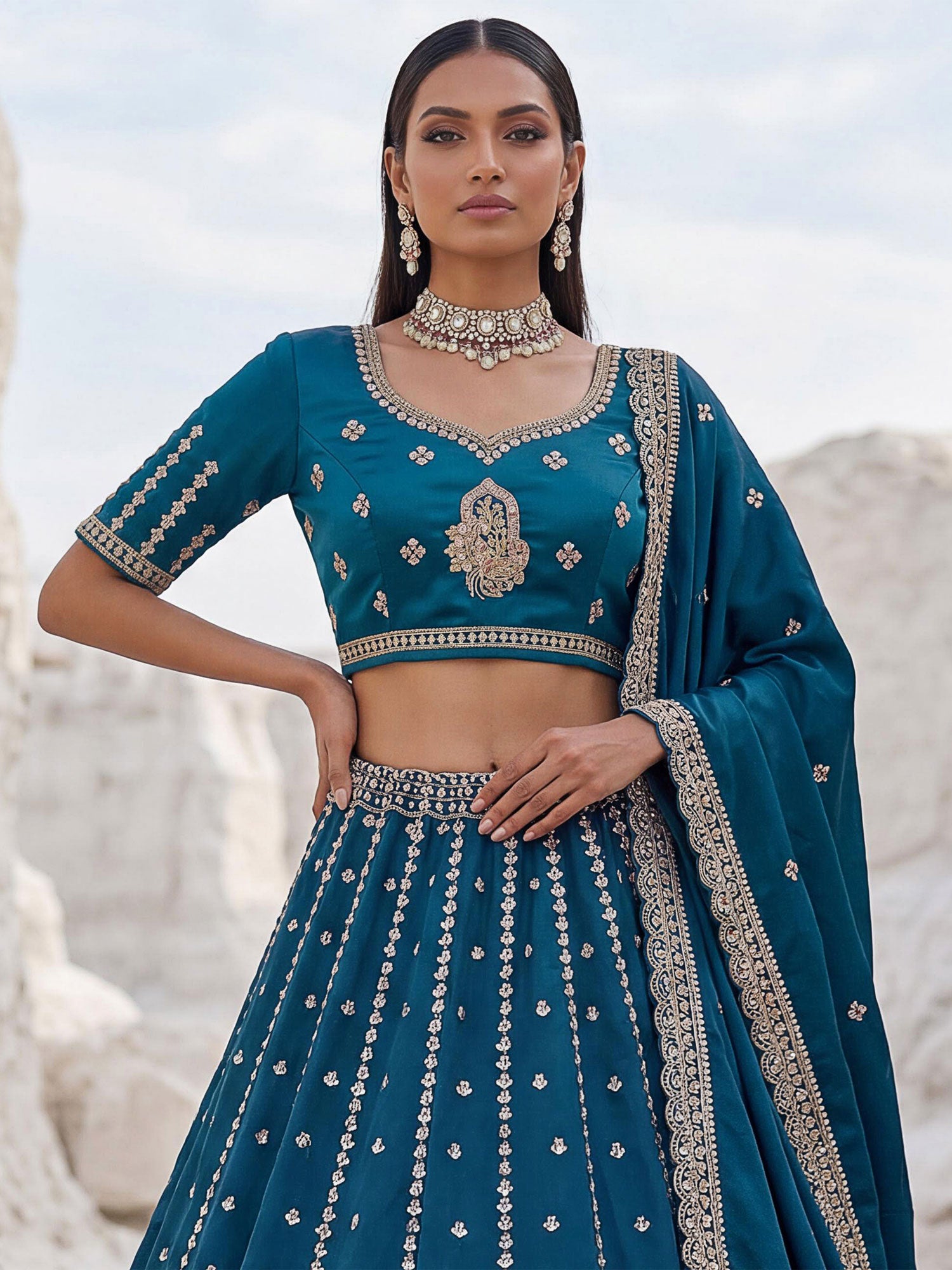 Teal Blue Thread Embellished Bridesmaid Lehenga Set