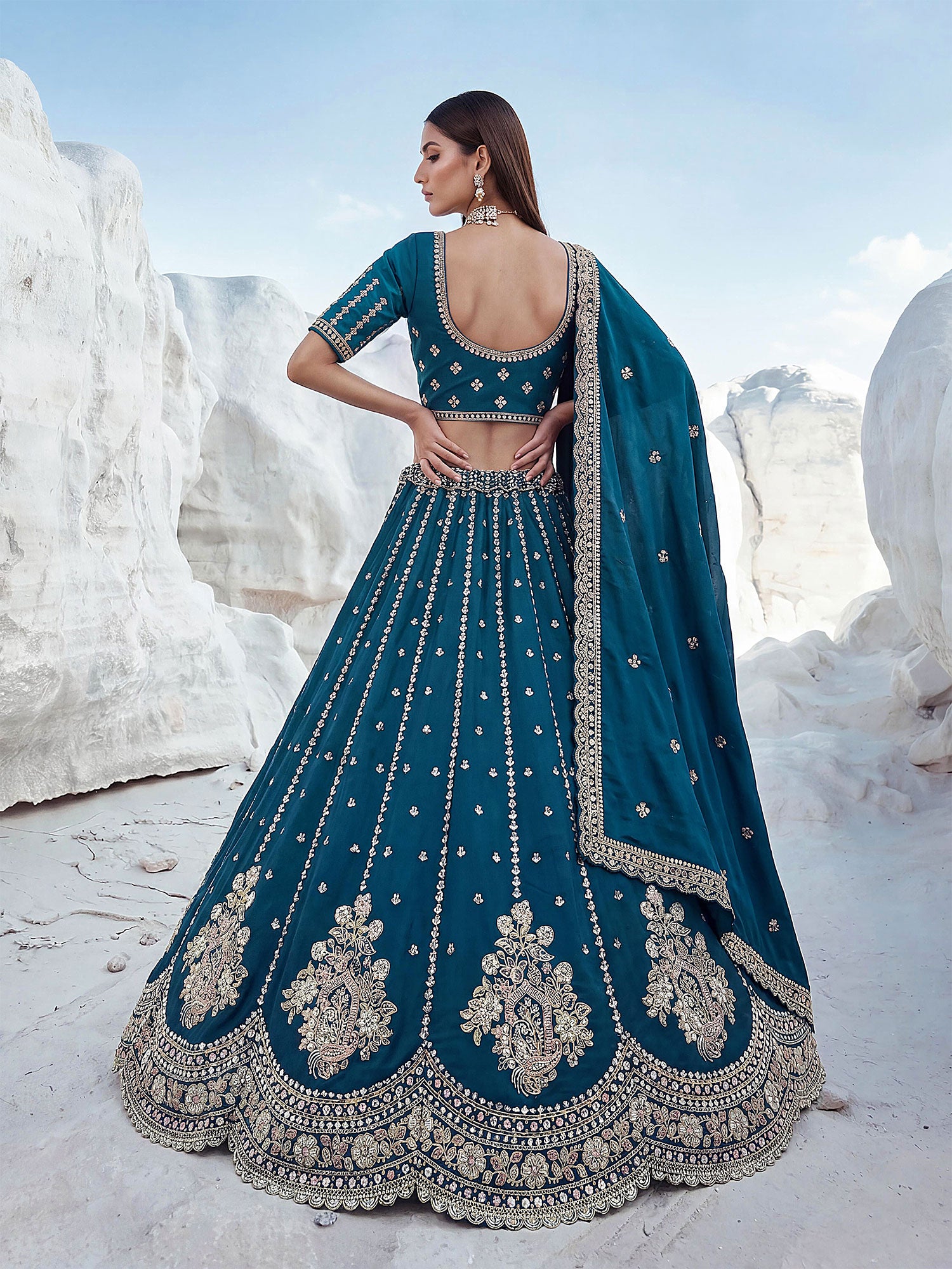 Teal Blue Thread Embellished Bridesmaid Lehenga Set