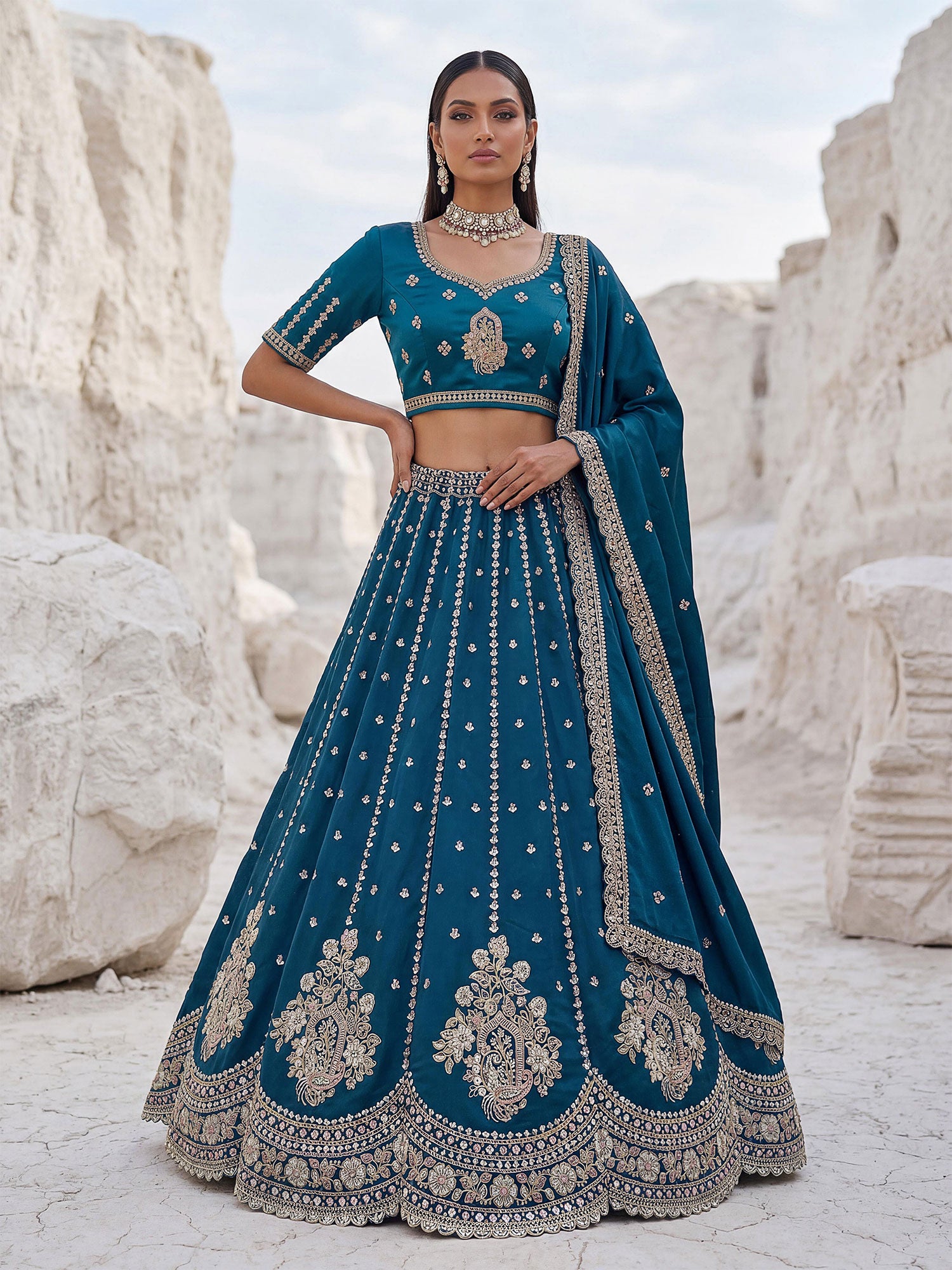 Teal Blue Thread Embellished Bridesmaid Lehenga Set