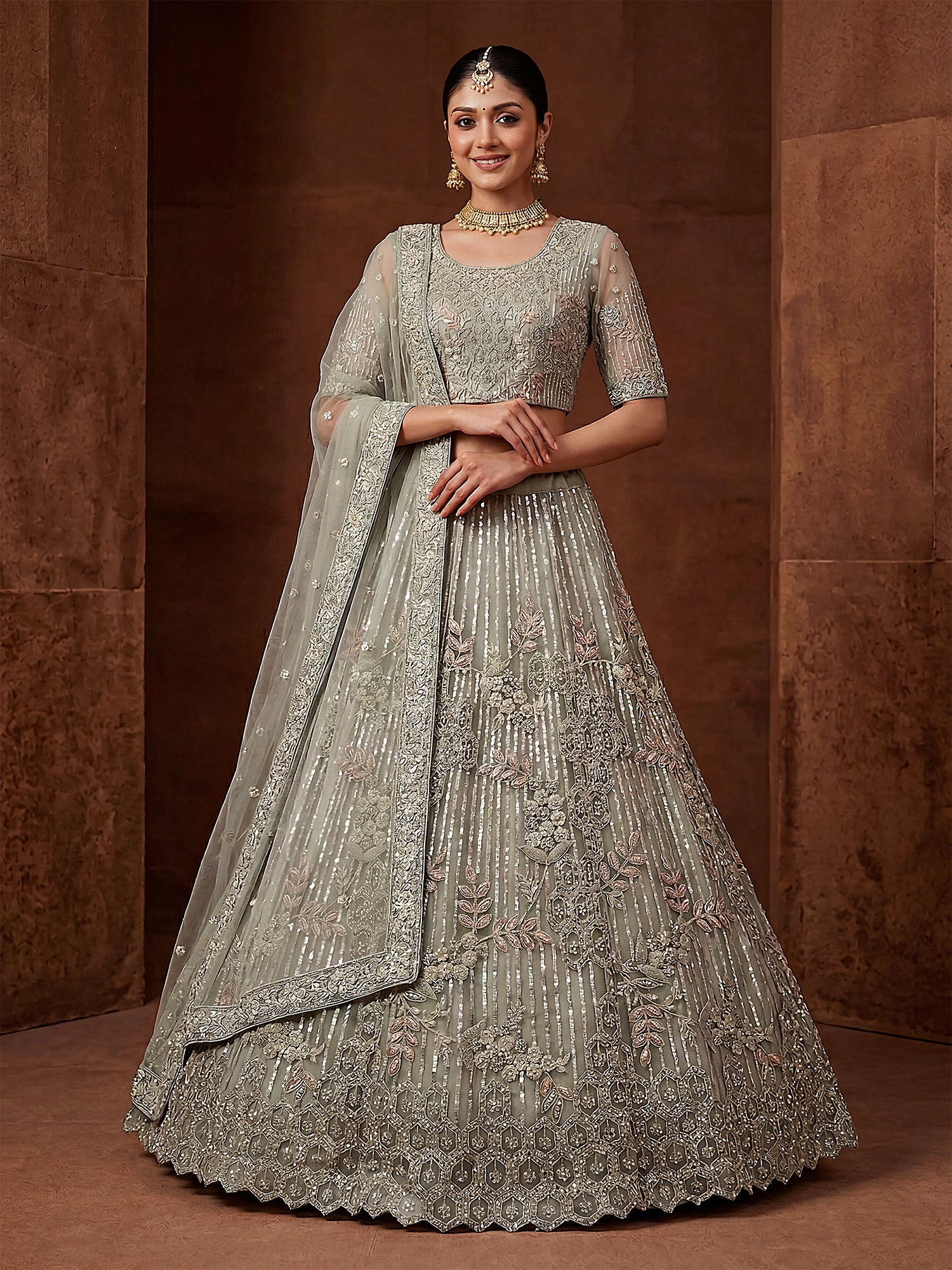Green Net Lehenga Choli In Thread Embroidery