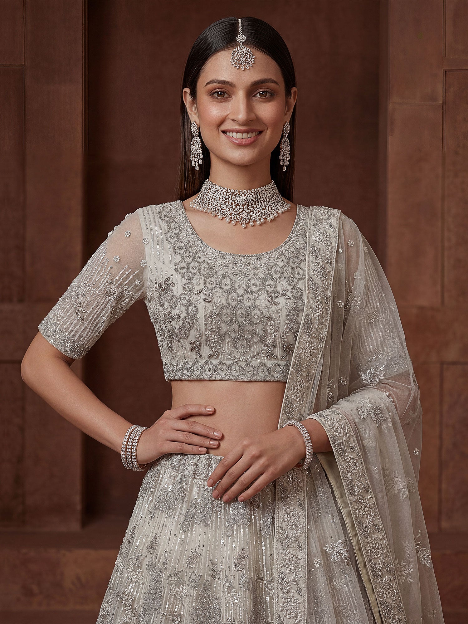 White Bridesmaid Zari Work Lehenga Choli