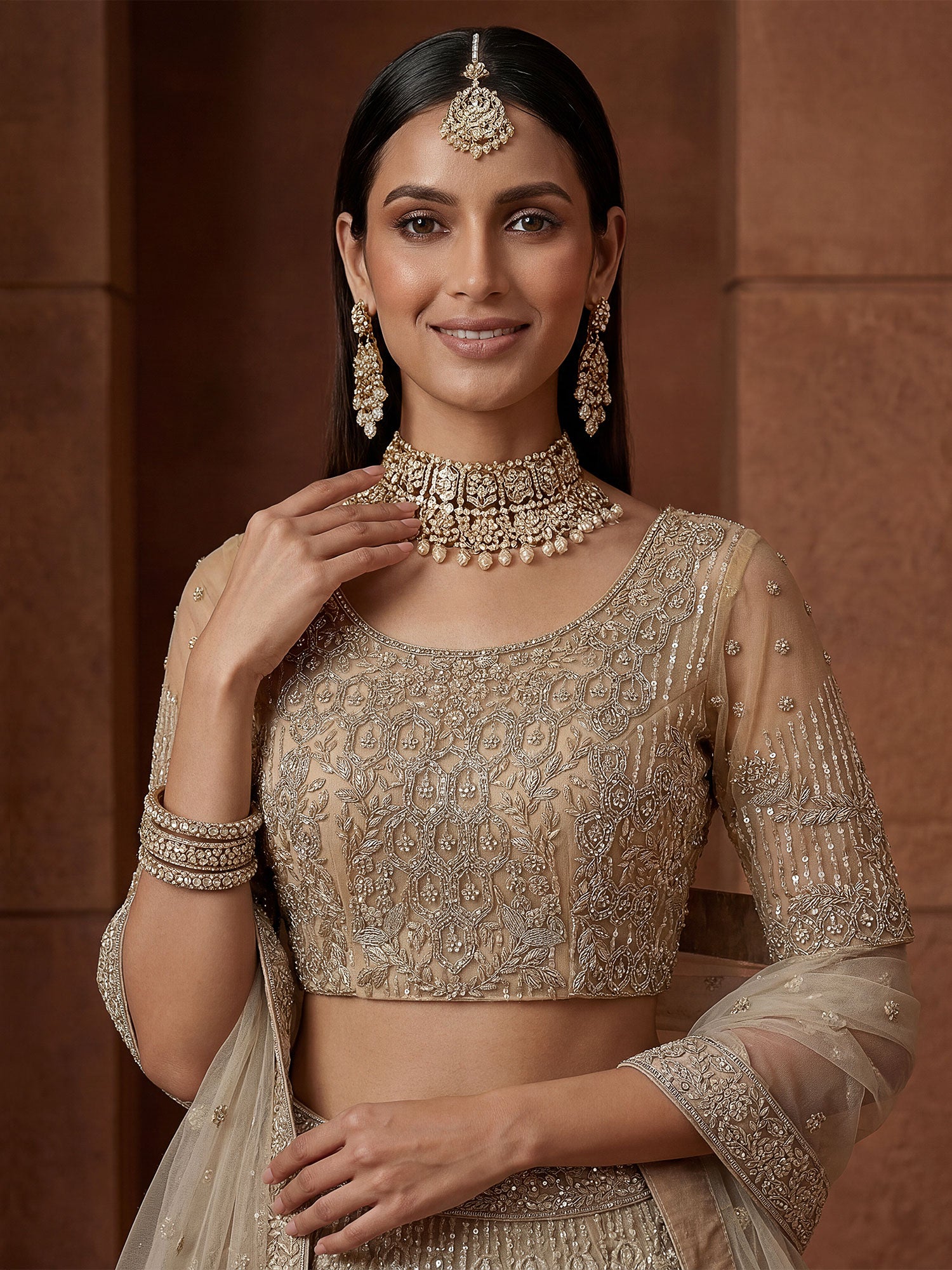 Beige Party Wear Embroidered Lehenga Choli Set
