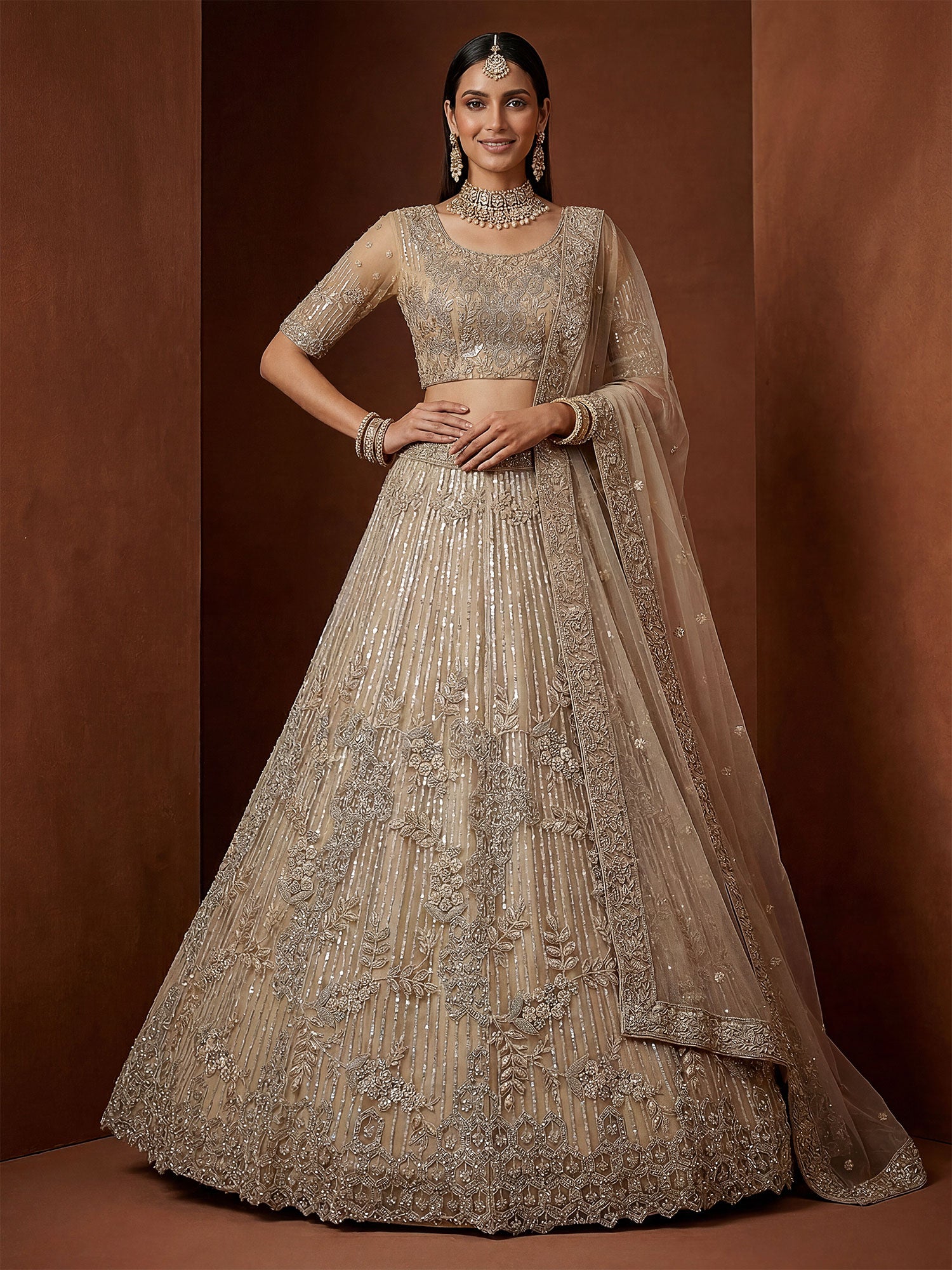 Beige Party Wear Embroidered Lehenga Choli Set