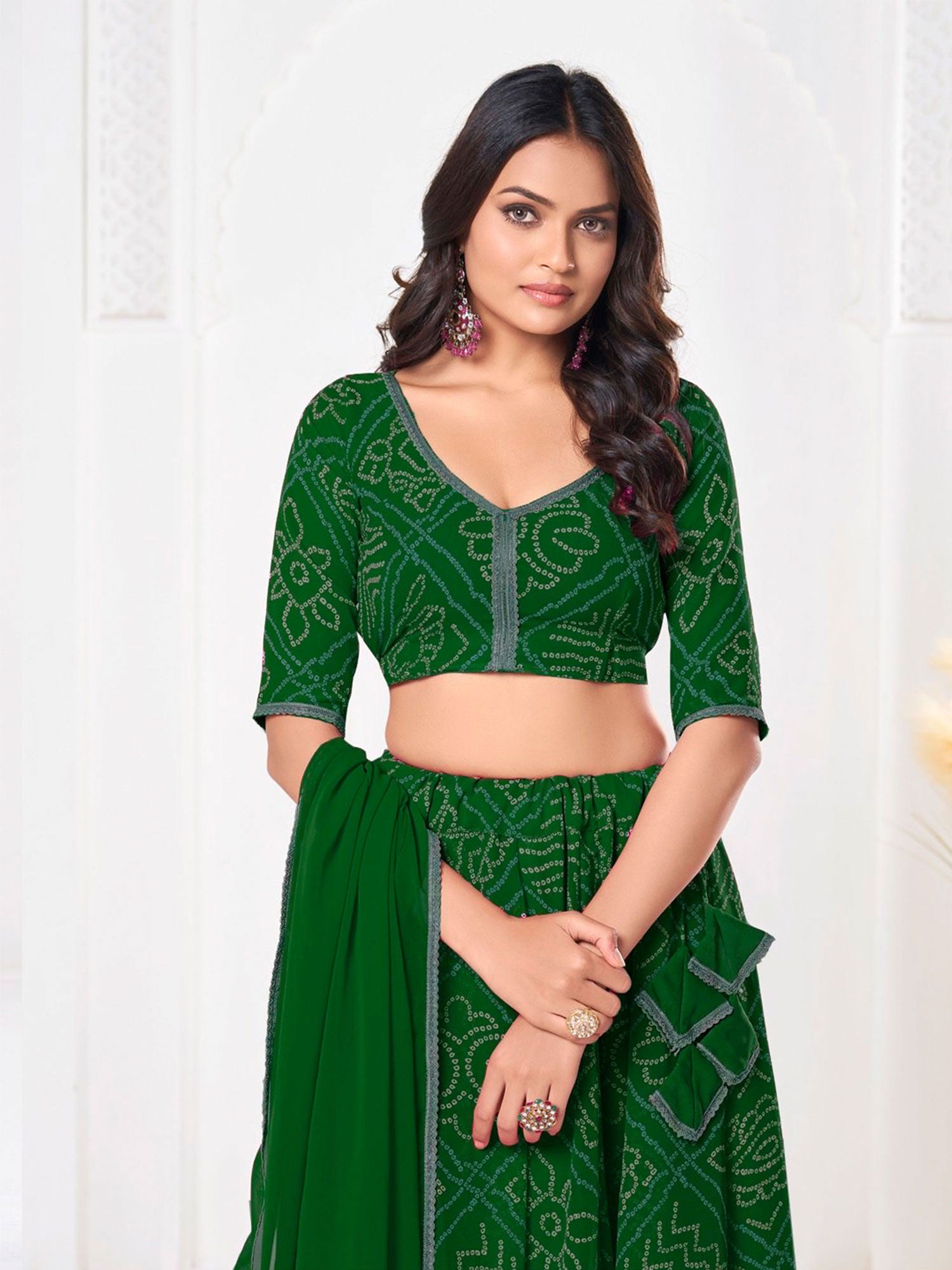 Dark Green Georgette Lehenga Choli In Print