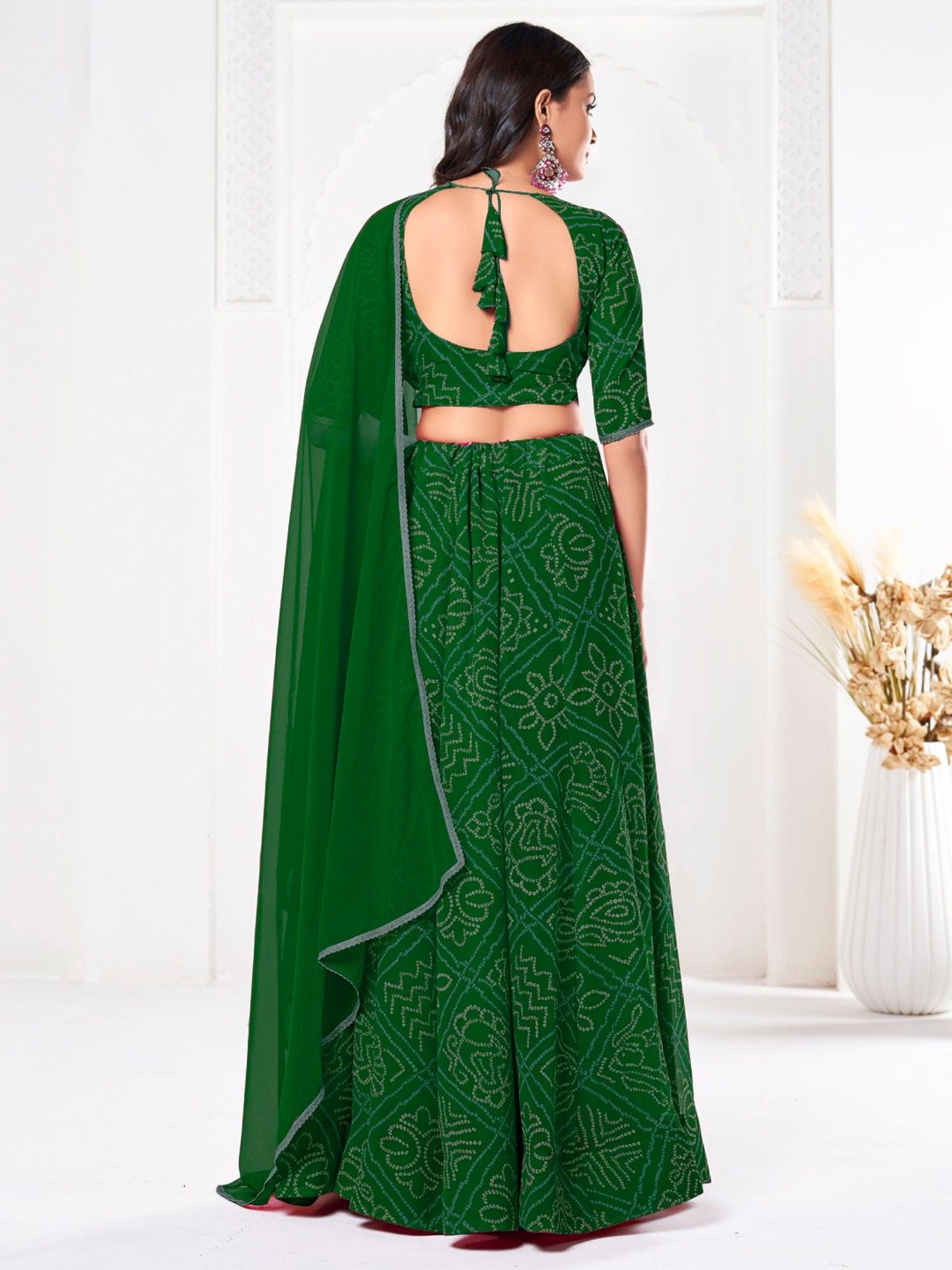 Dark Green Georgette Lehenga Choli In Print