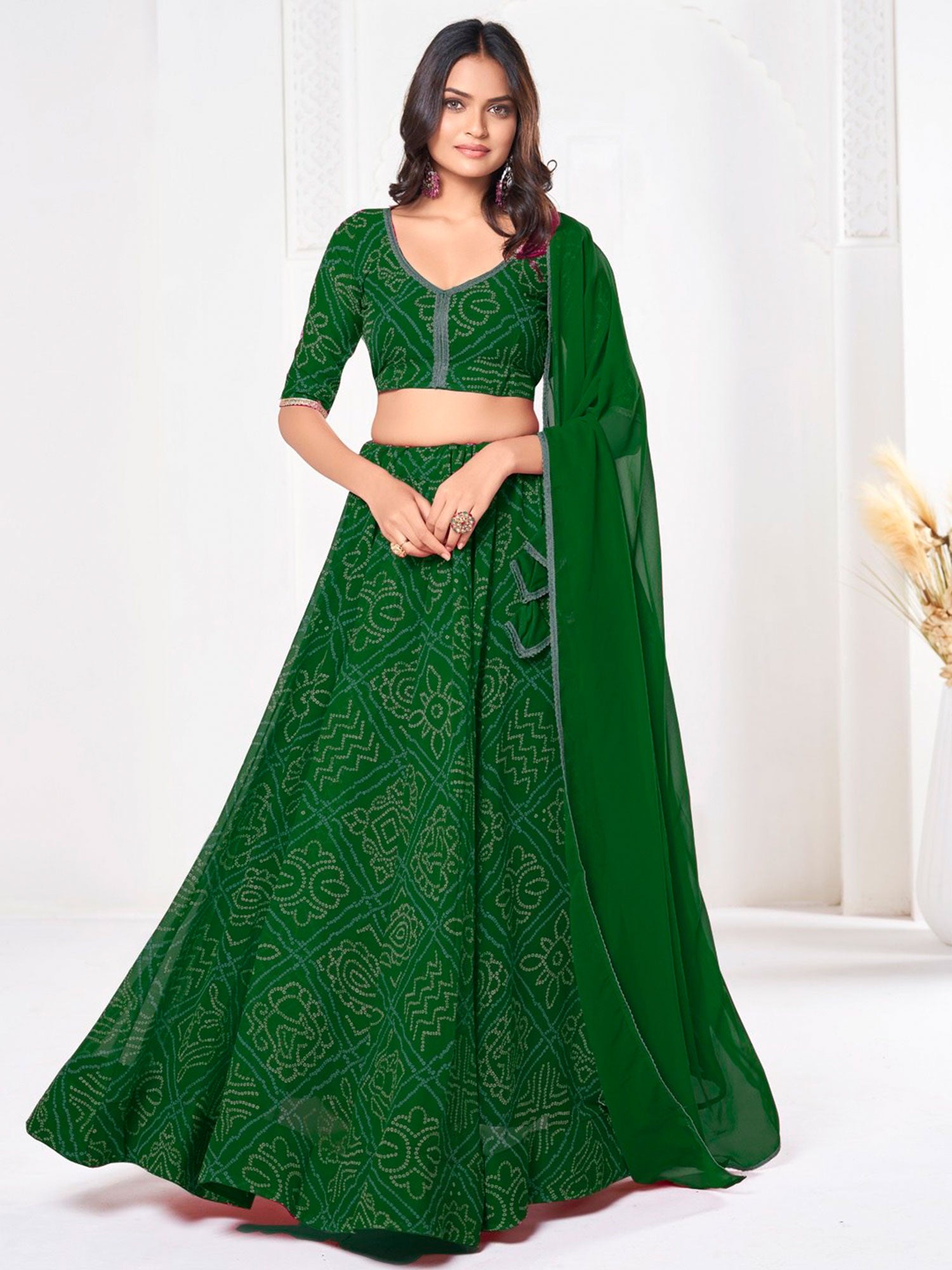 Dark Green Georgette Lehenga Choli In Print