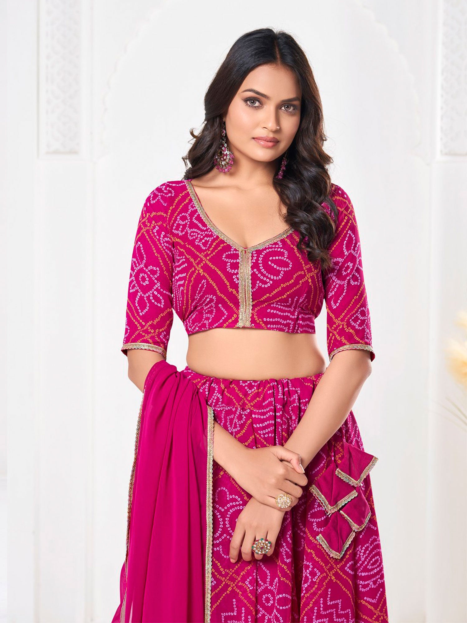 Rani Pink Traditional Lehenga Set In Bandhani Print