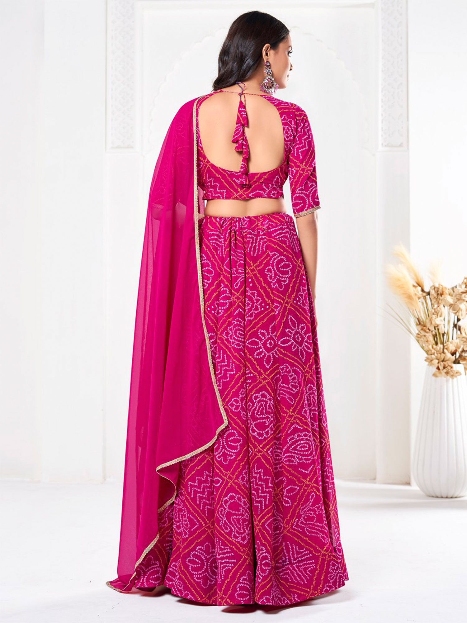Rani Pink Traditional Lehenga Set In Bandhani Print