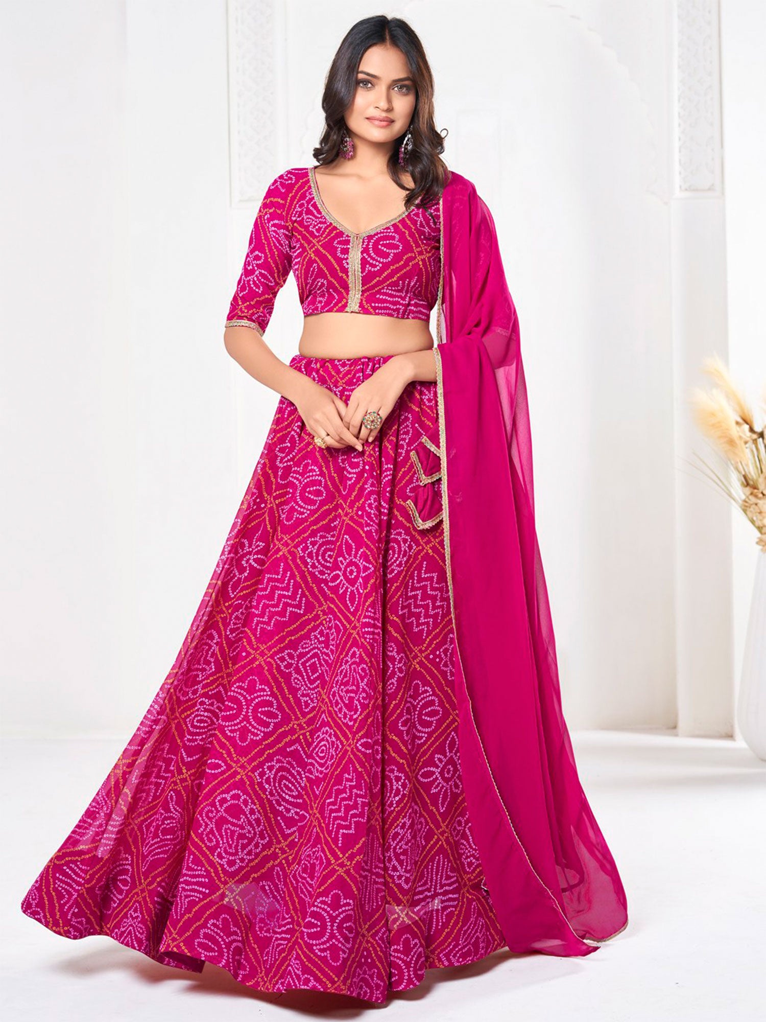 Rani Pink Traditional Lehenga Set In Bandhani Print
