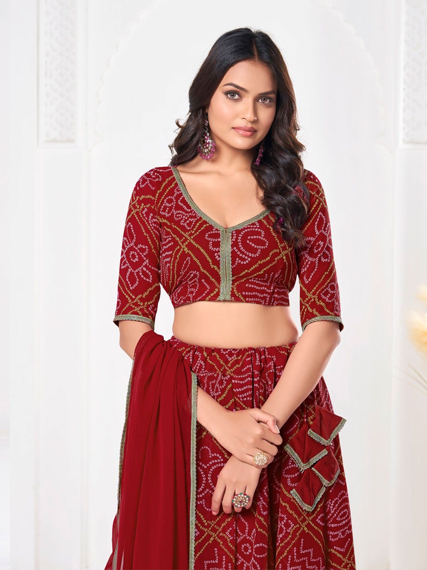 Maroon Bandhej Printed Traditional Lehenga Set