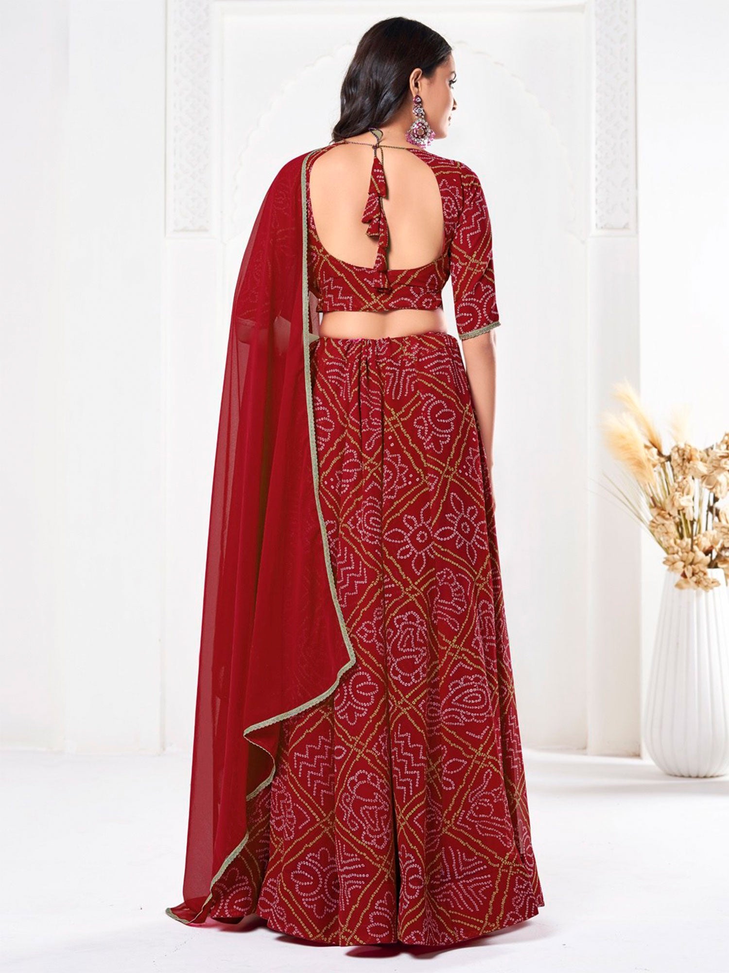 Maroon Bandhej Printed Traditional Lehenga Set