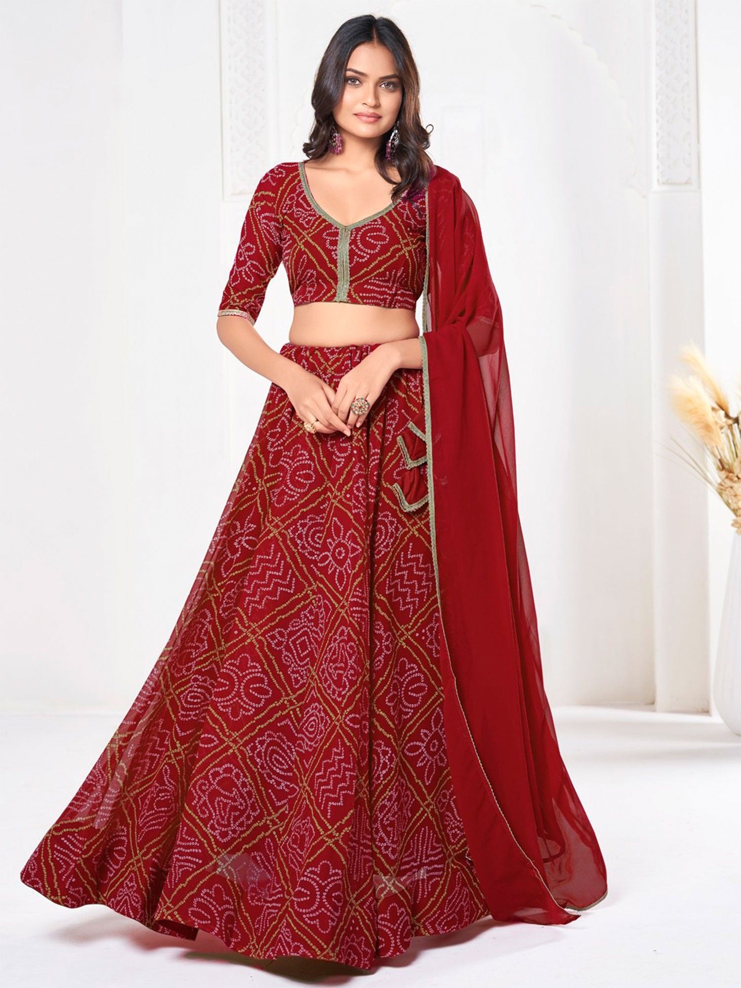 Maroon Bandhej Printed Traditional Lehenga Set