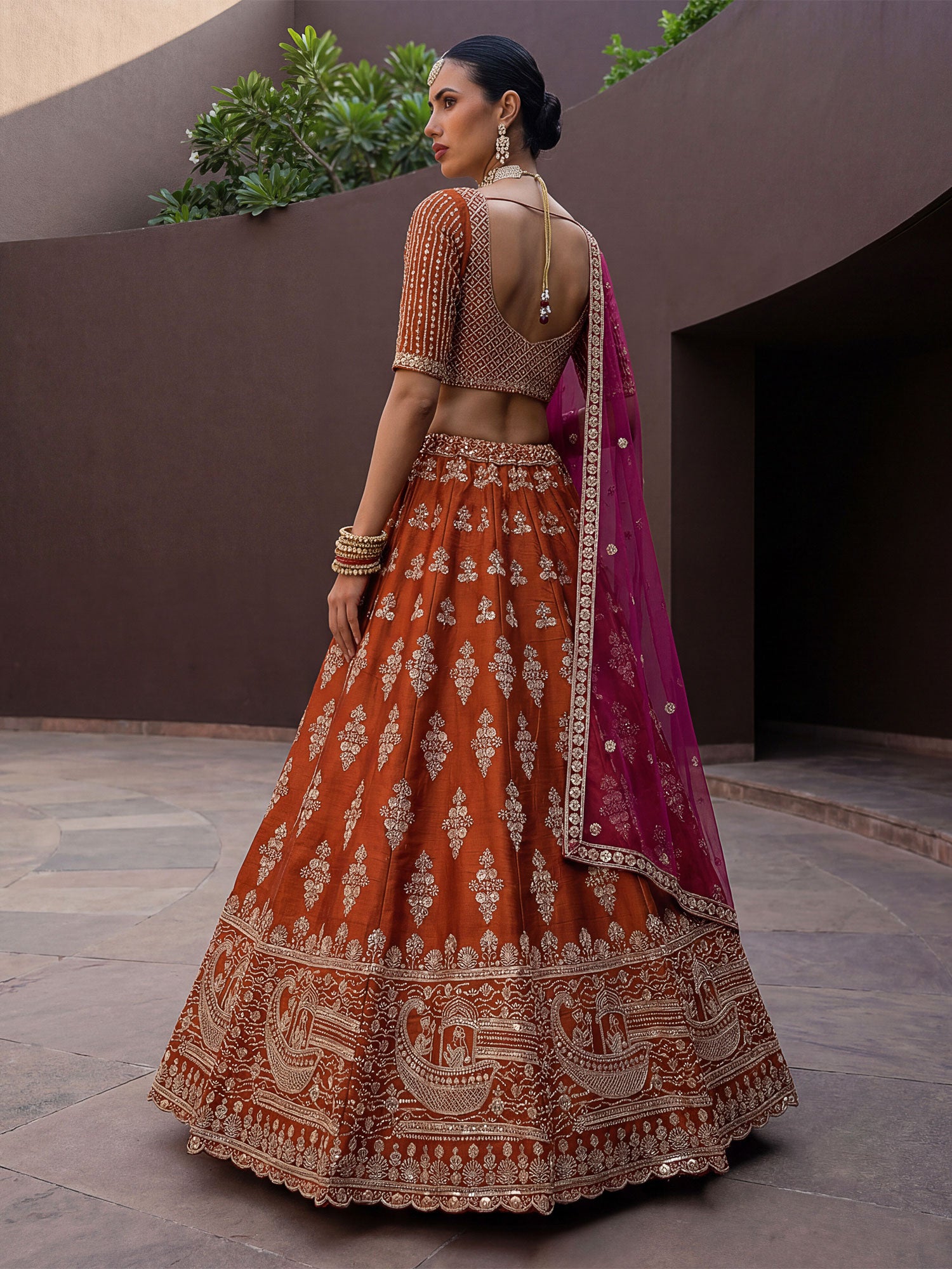 Orange Traditional Lehenga Set In Heavy Embroidery