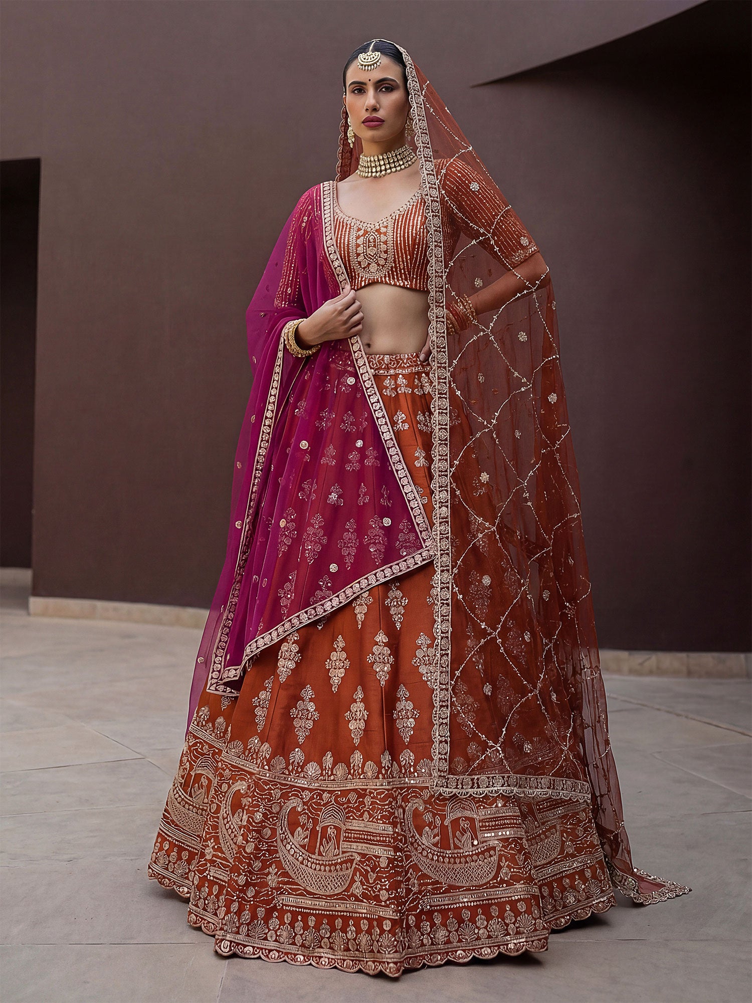 Orange Traditional Lehenga Set In Heavy Embroidery
