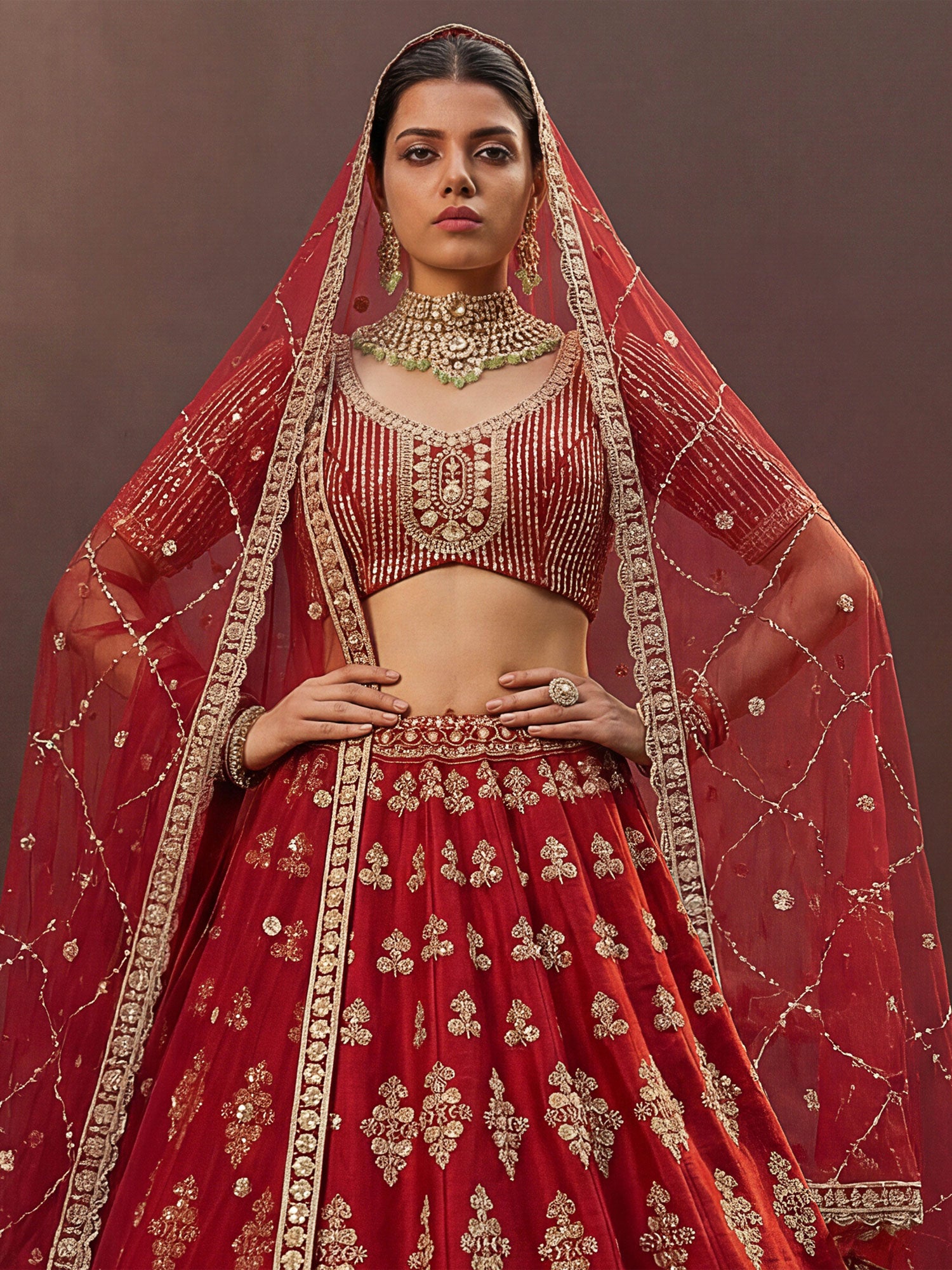 Red Silk Lehenga Set With Floral Embellishment