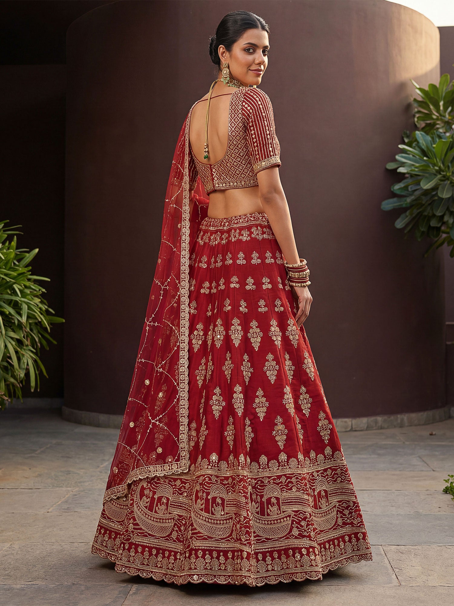 Red Silk Lehenga Set With Floral Embellishment