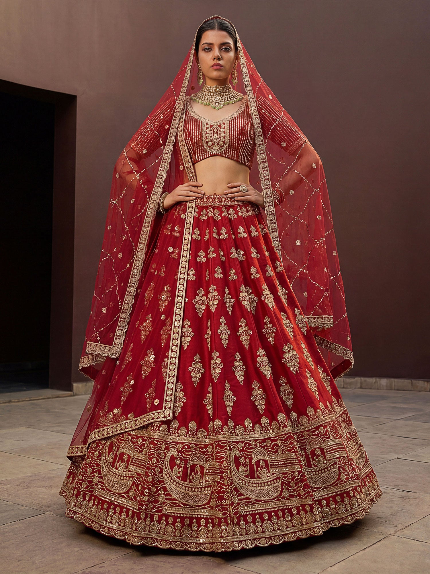 Red Silk Lehenga Set With Floral Embellishment