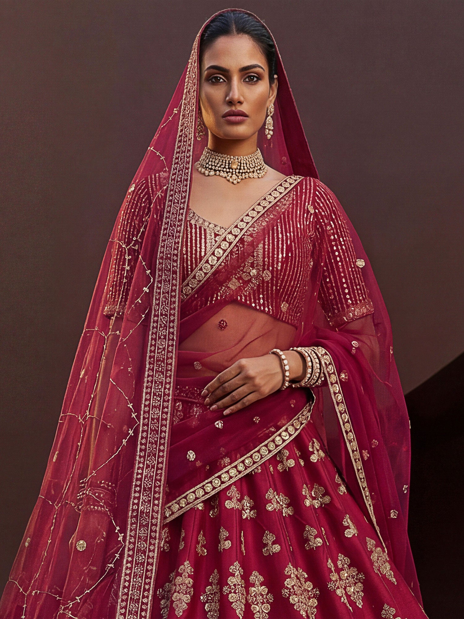 Pink Zari Work Embellished Bridal Lehenga Set