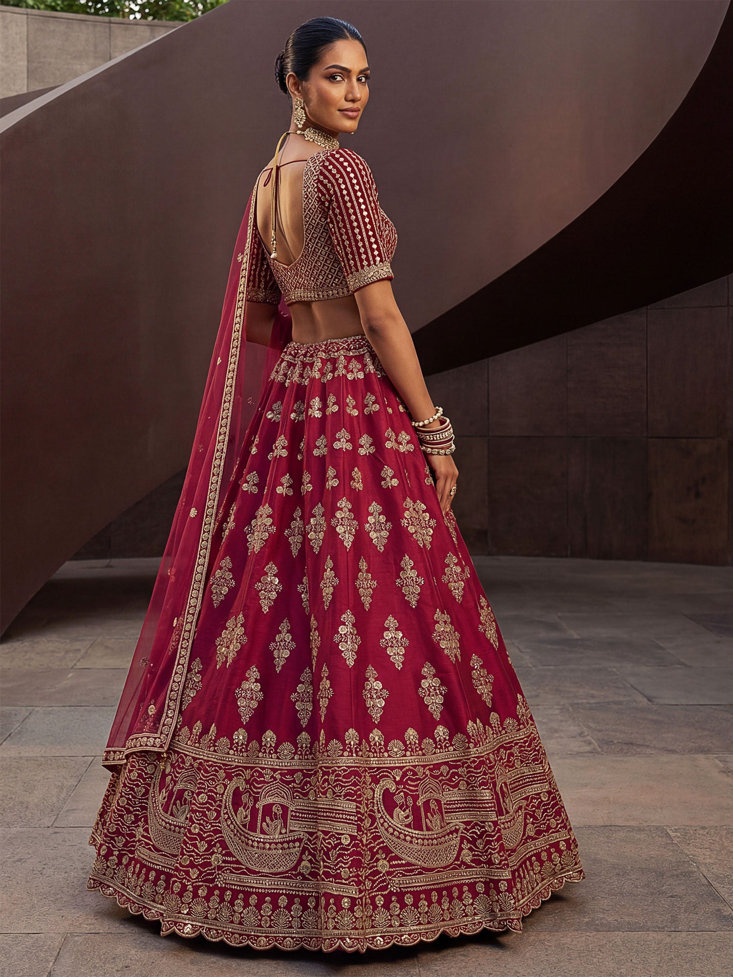 Pink Zari Work Embellished Bridal Lehenga Set