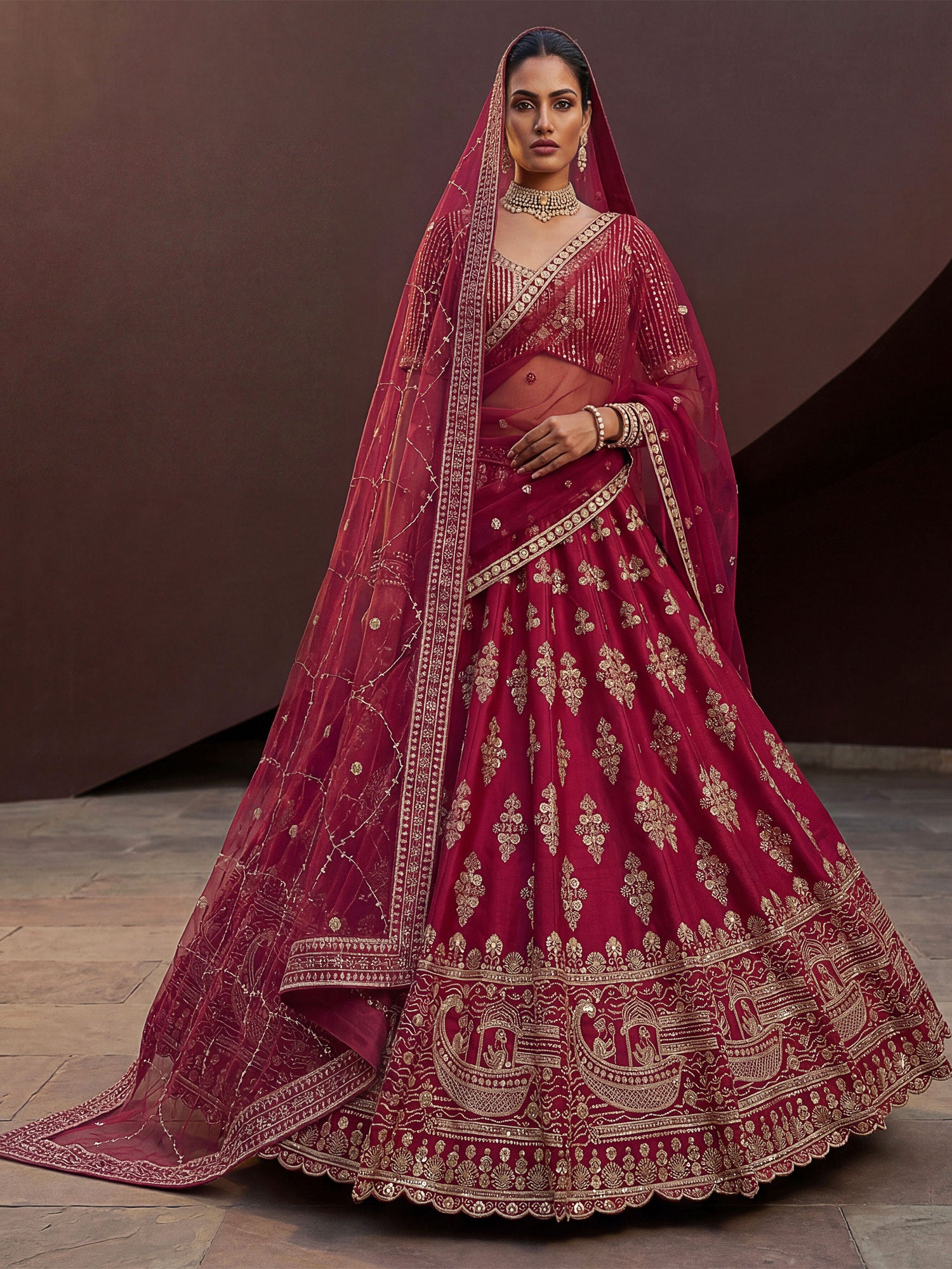 Pink Zari Work Embellished Bridal Lehenga Set
