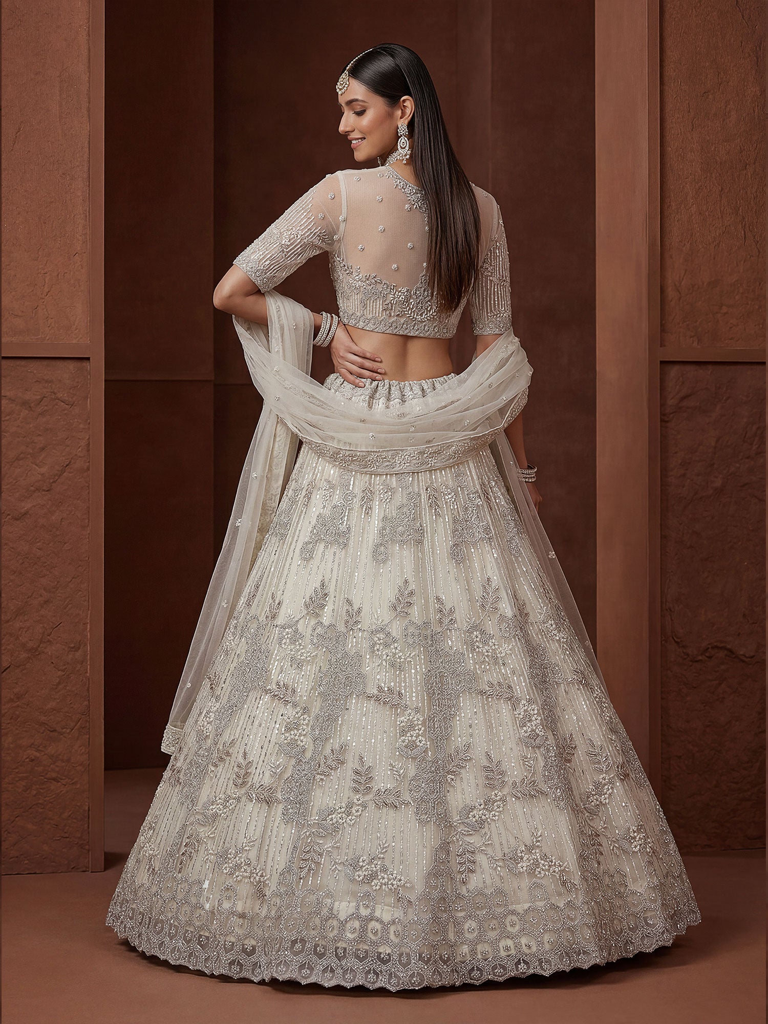 Off White Embroidered Bridesmaid Net Lehenga Set