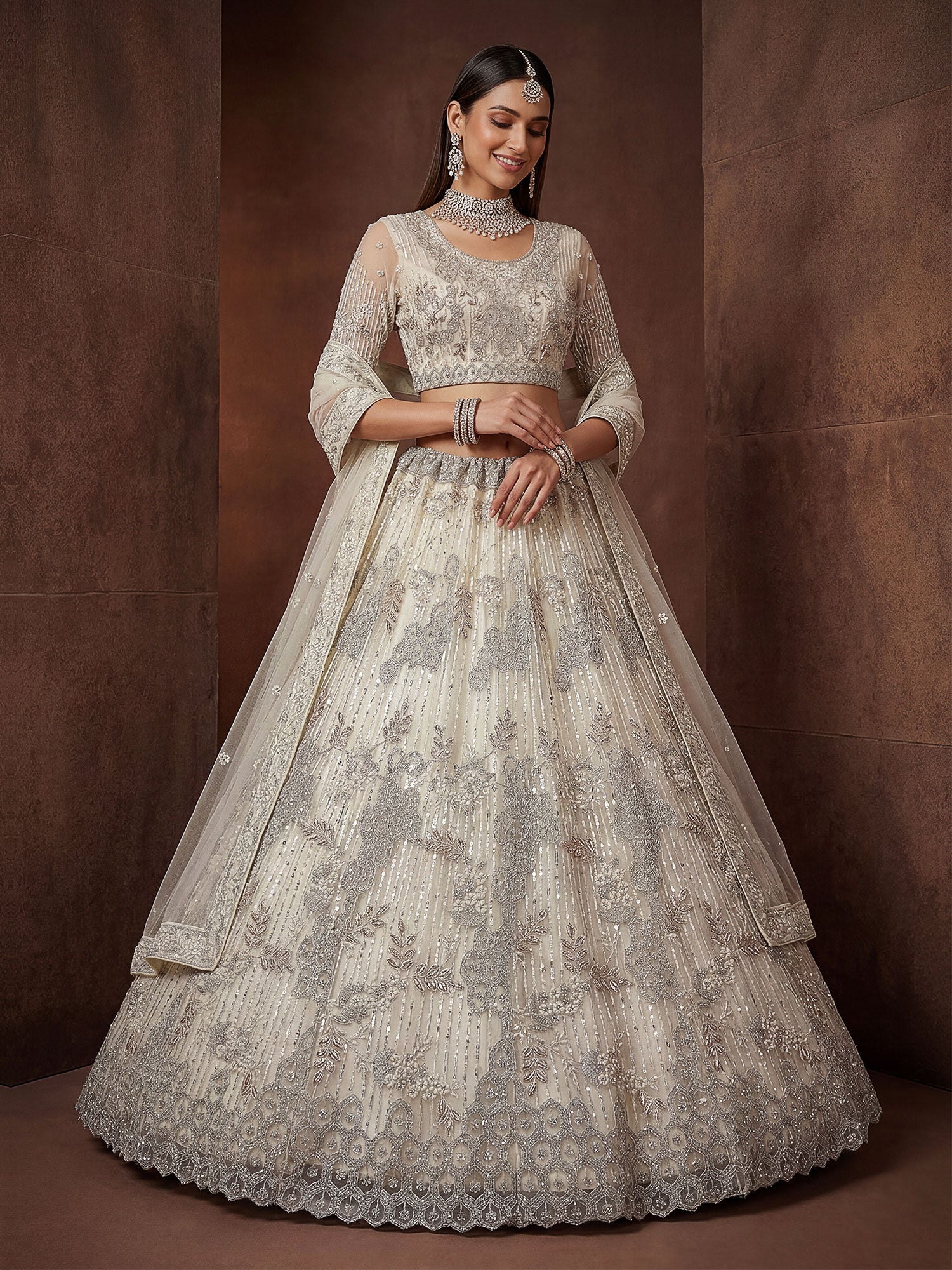 Off White Embroidered Bridesmaid Net Lehenga Set