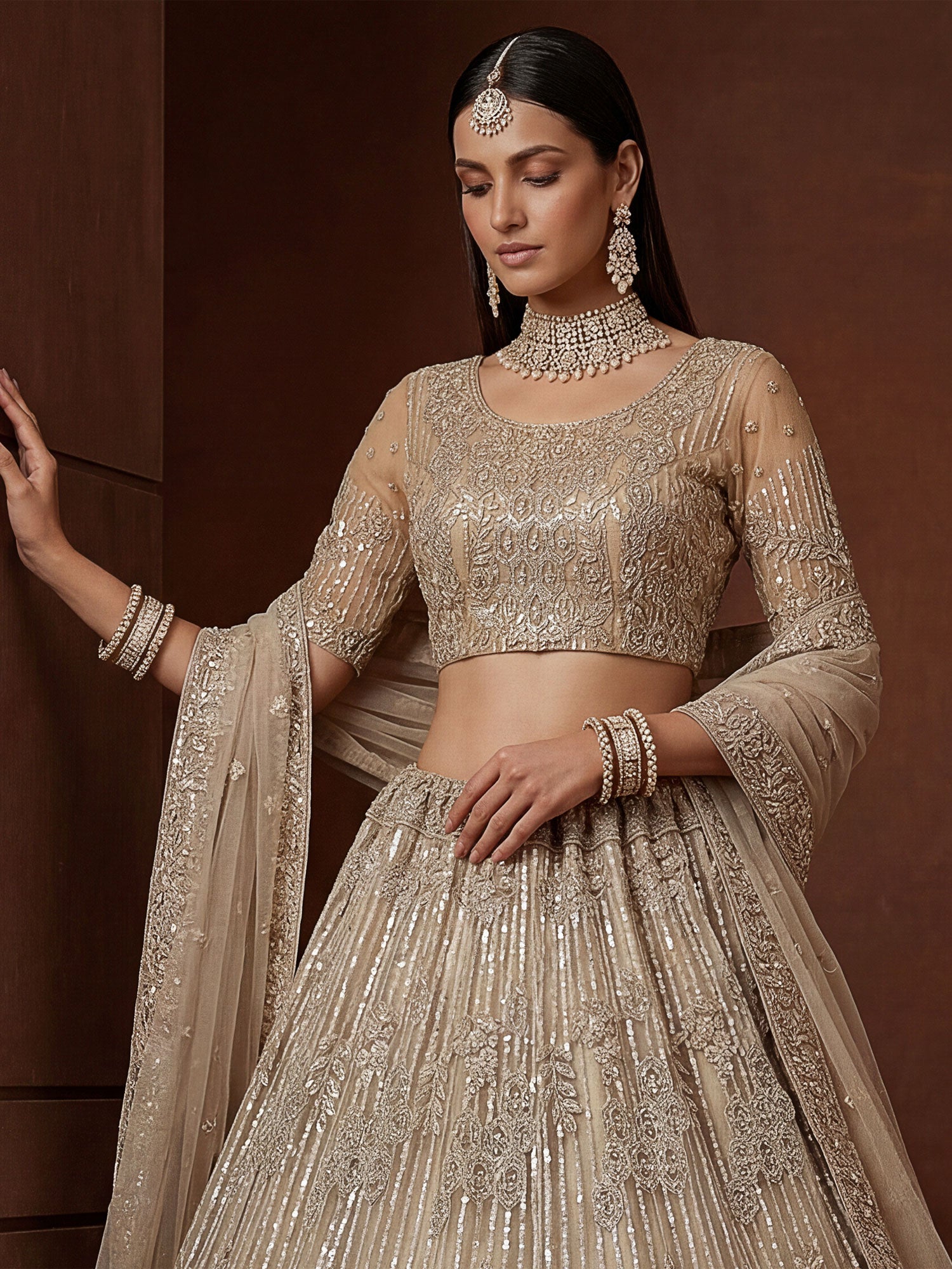 Beige Floral Zari Work Net Lehenga Choli Set